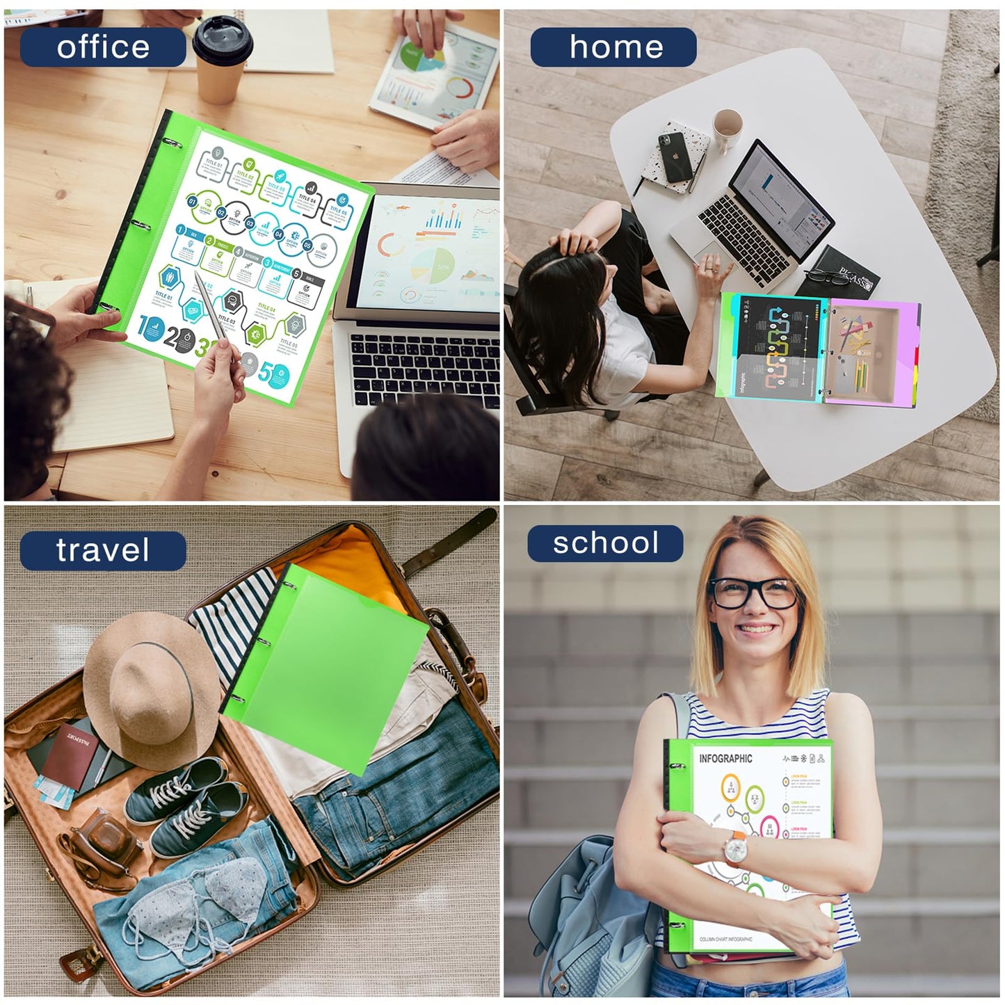 INFUN 1 Inch Telescoping Project Organizer Binder-2PCS,13 Pocket, Customizable Front Cover, 5 Colors Pocket Divider and Plastic Binder Pocket，225 Sheet Capacity-Green
