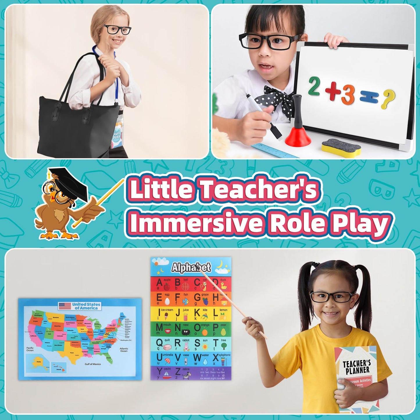 wookidel Pretend Play Teacher Set for Kids with Numbers, Bell, Whiteboard, Learning Clock Over 40 Pieces Included, Pretend Set Toys Gift for Kids Age 5 6 7 8