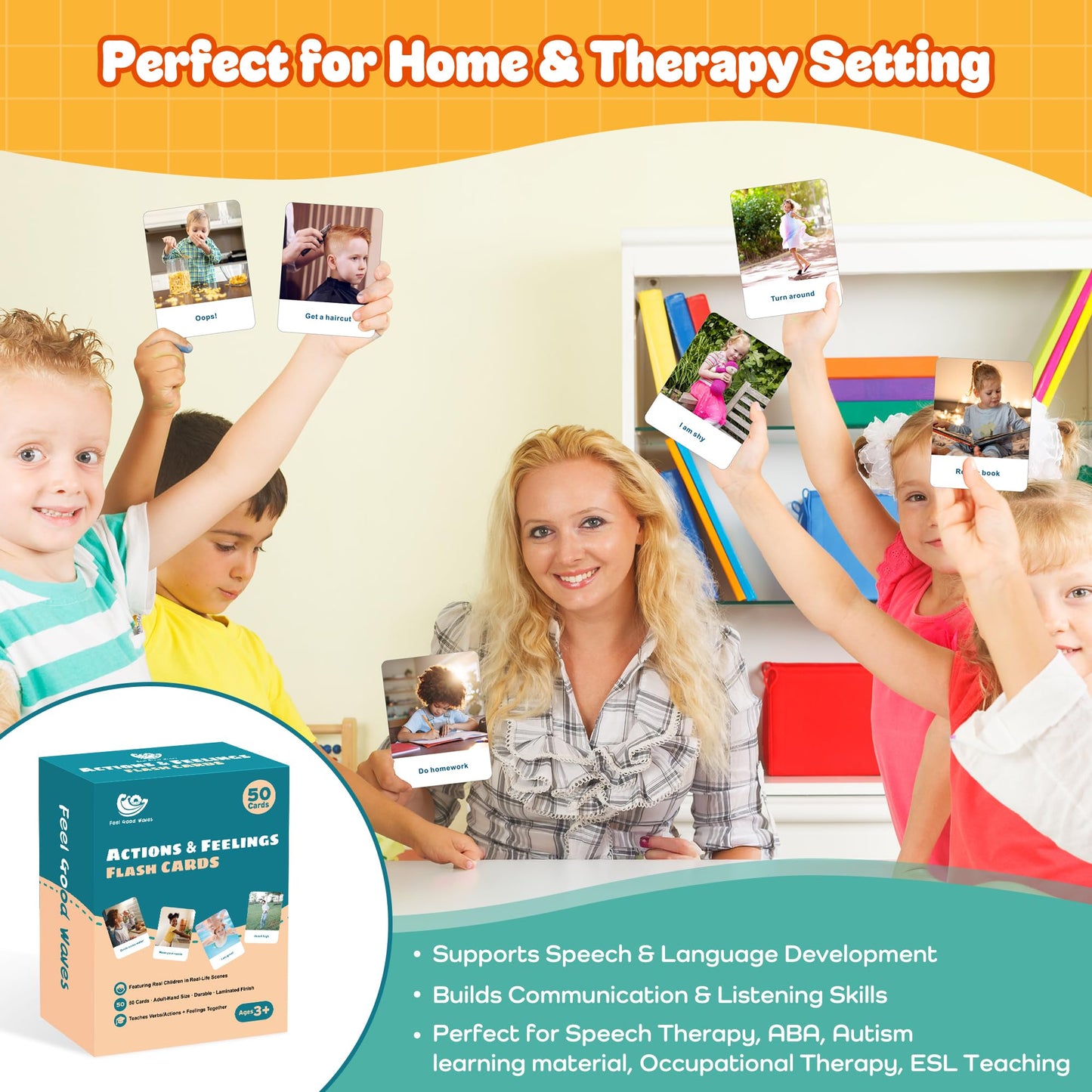 Actions Flash Cards for Kids (Ages 3-7), 50 Real-Life Photo Cards for Speech & Language Development, Based on Total Physical Response (TPR) Learning Approach, Support Daily Feelings