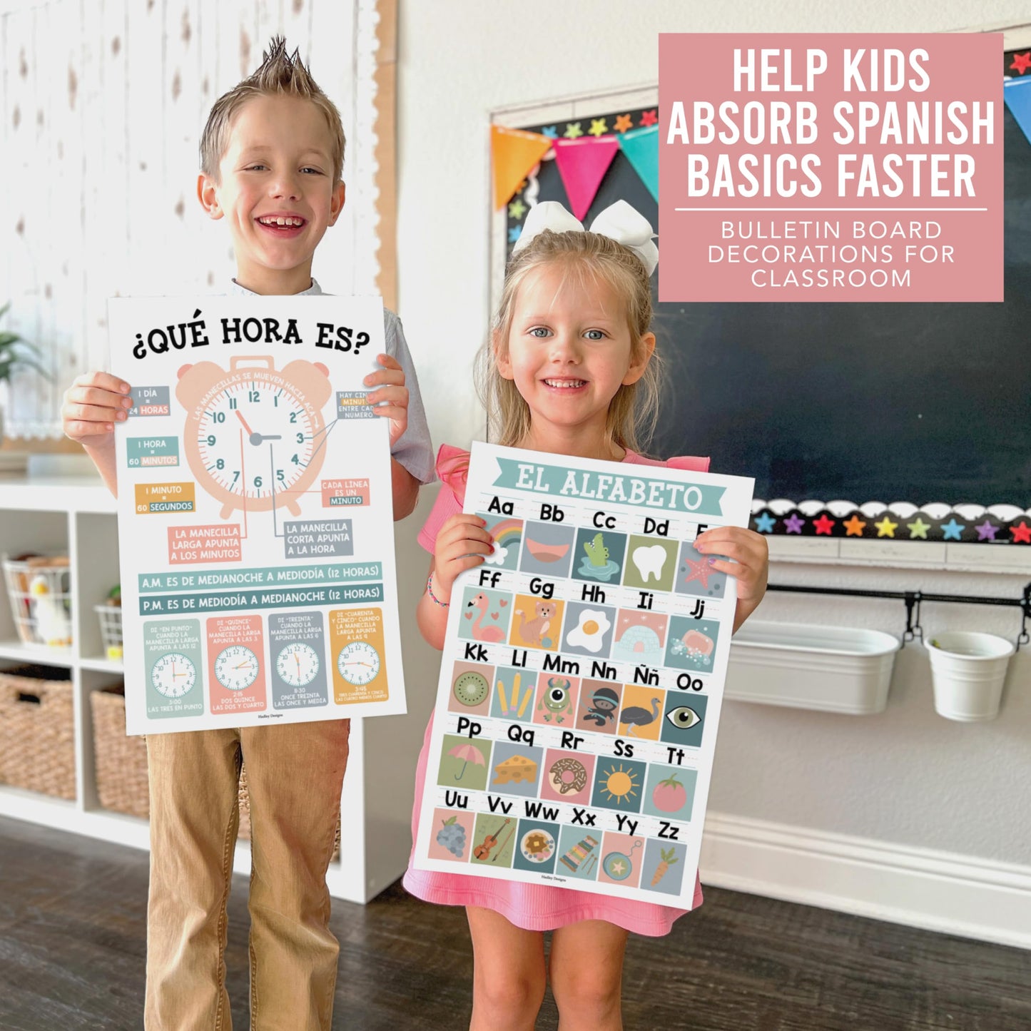 Hadley Designs Spanish Posters for Classroom - 12 Bilingual Educational Posters for Spanish Classroom Decorations Must Haves, Calendario y Alfabeto en Español Para la Pared, Boho Teacher Supplies