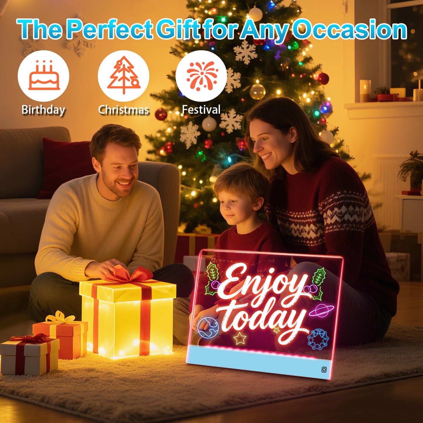 16-Inch LED Note Board Rechargeable with 7 Colors, Doodle Glow Board Neon Art Dry Erase Board Light Up Drawing Pad with Invisible Stand, Sketching Gift Toy for Kids/Girls/Teens, 12 Markers