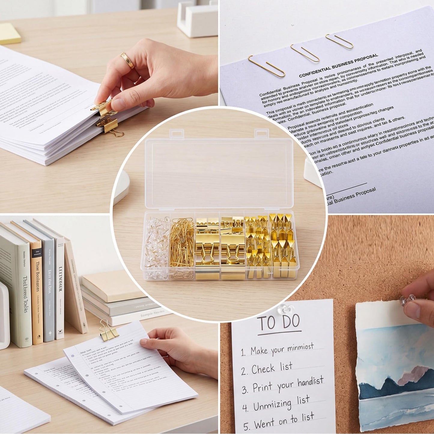 BESARME Gold Paper Clips and Binder Clips Set, 279 Pcs Gold Desk Accessories Assorted Office Essentials in Organizer Box for Office School Home Paper Sorting Note Pinning
