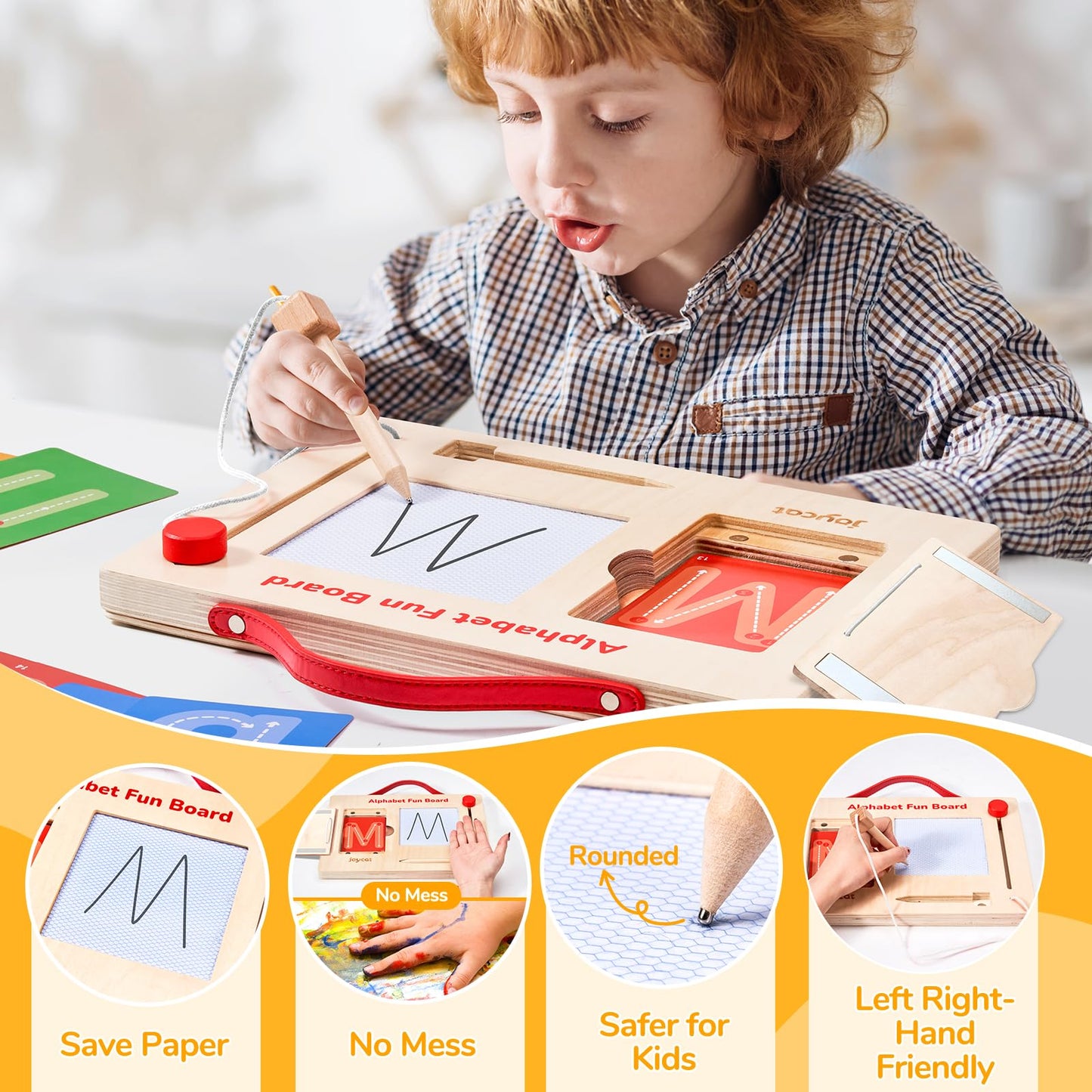 JoyCat Wooden Letter Tracing Board for Toddlers 3-5, Magnetic Alphabet & Number Writing Practice Board with 36 Double-Sided Cards, Reusable Preschool Handwriting Toy, Travel Learning Activity