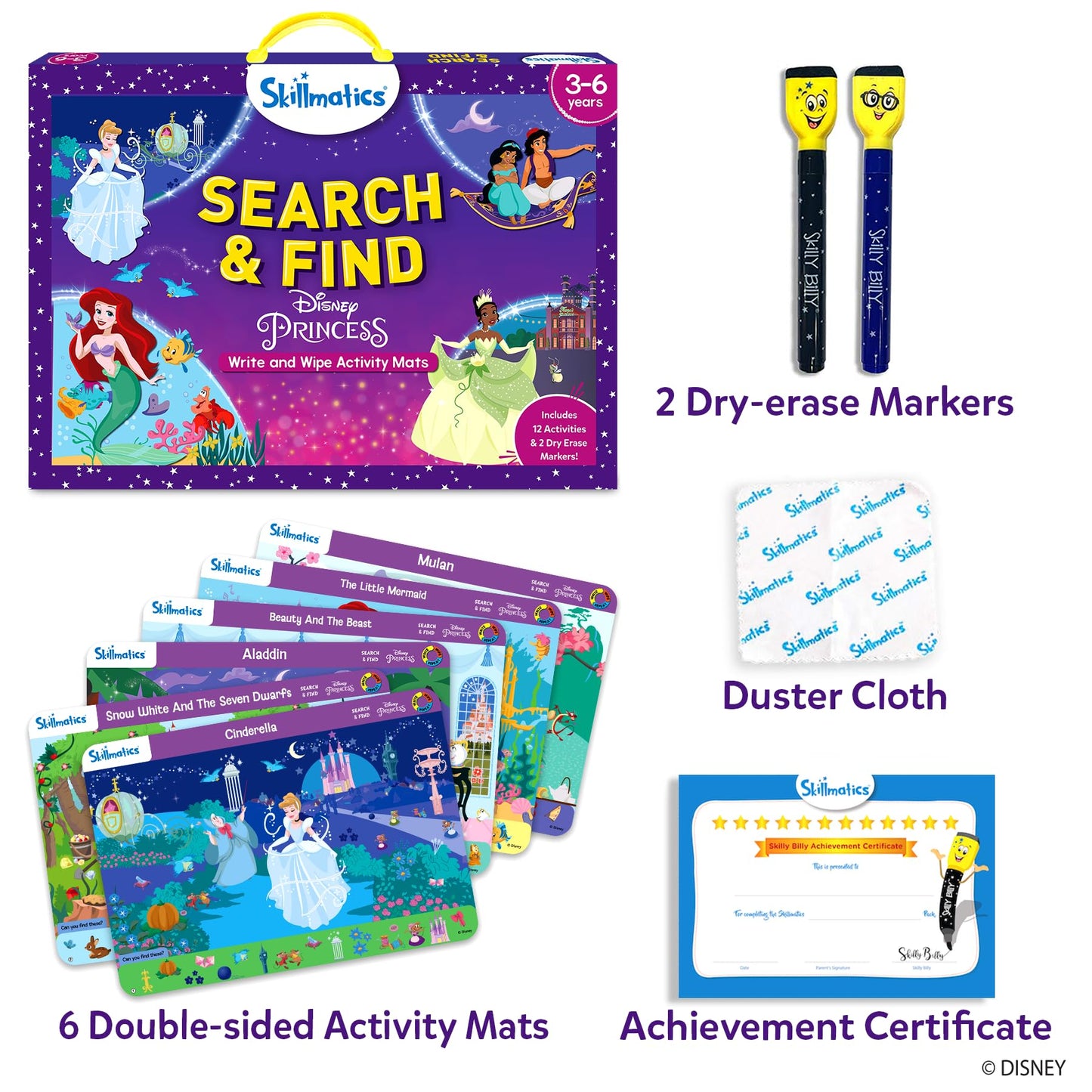 Skillmatics Search and Find Disney Princess Educational Game - Reusable Preschool Learning Activity, Perfect for Toddlers & Kids, Screen-Free Fun, Art & Crafts, Gifts for Boys & Girls Ages 3, 4, 5, 6