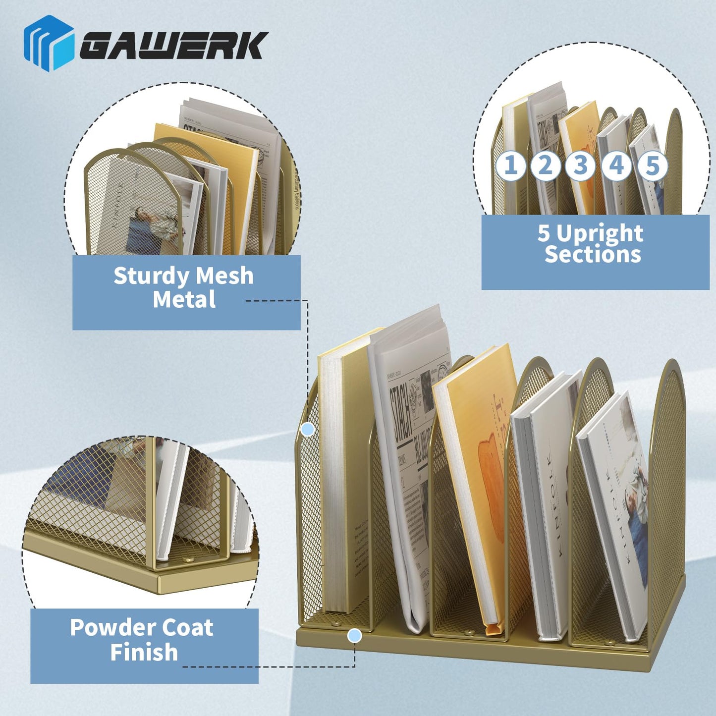 Gawerk 5-Section Vertical Desktop Organizer, 5-Section Mesh File Folder Stand Sorter for Office Home Classroom Organization (1, Gold)