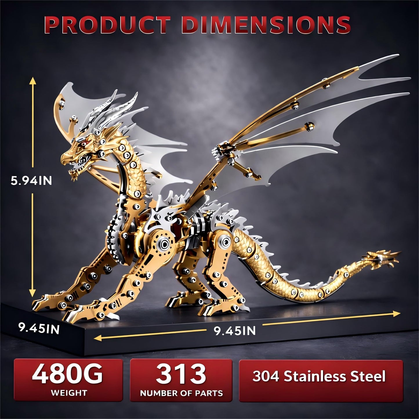 3D Metal Dragon Model Kit for Adults, Mechanical Pterosaur Puzzle, DIY Assembly Steel Model, Challenging Building Kit, Unique Gift for Men Desk Decor