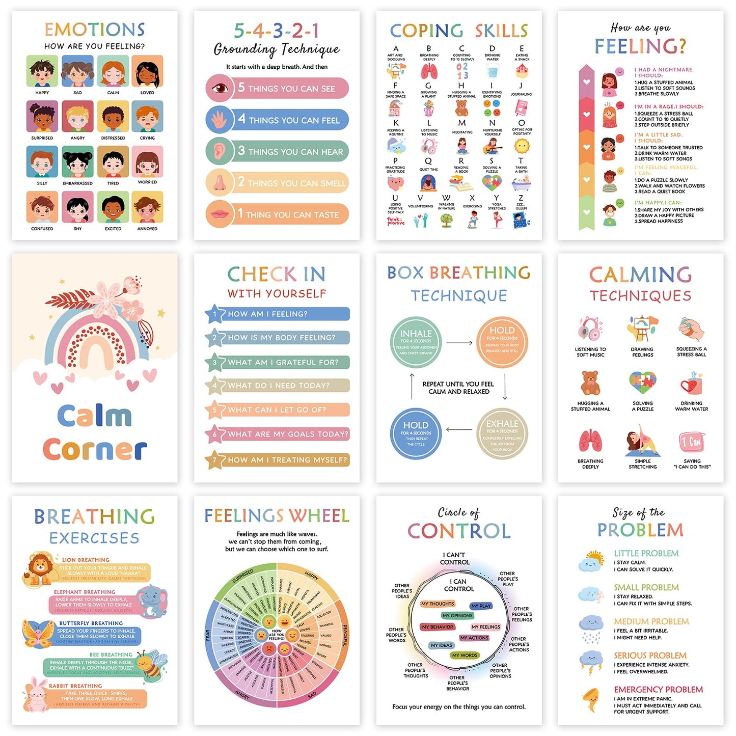 KIDS KING 12 Mental Health Posters, Therapy Office Decor, Counseling Office Must Haves School Counselor Supplies, Inspirational Positive Affirmations & Emotion Regulation Poster Wall Art Decor for Home Office Classroom (10"x14")