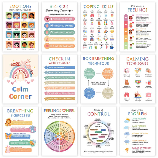 KIDS KING 12 Mental Health Posters, Therapy Office Decor, Counseling Office Must Haves School Counselor Supplies, Inspirational Positive Affirmations & Emotion Regulation Poster Wall Art Decor for Home Office Classroom (10"x14")