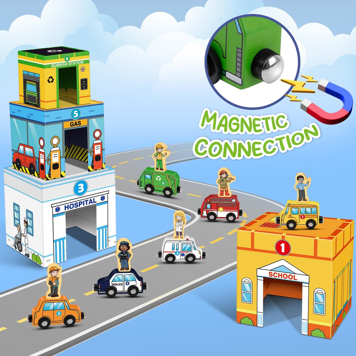 Aizweb Toddler Sorting&Stacking Toys with Magnetic Wooden Vehicle,Cars&Community Helpers,STEM Building Blocks,Educational Learning Montessori Gifts for 1 2 3 Year Old Boys Girls Preschool Kindergarten