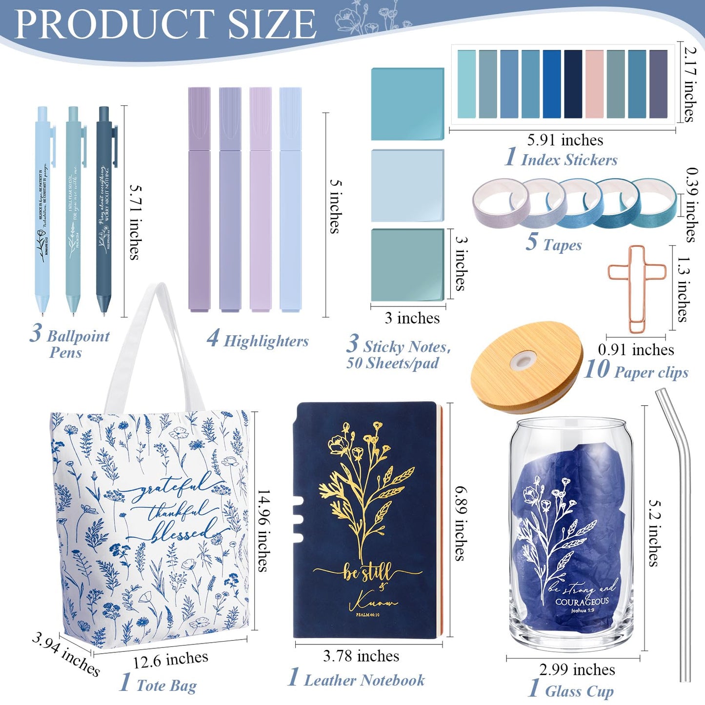 Singhoow 29 Pcs Bible Journaling Supplies Kit 16 oz Glass Cup Canvas Bag Leather Notebook Highlighters Pens Sticky Note Tapes Bible Study Supplies for Women Father Sunday School Teacher(Boho, Blue)