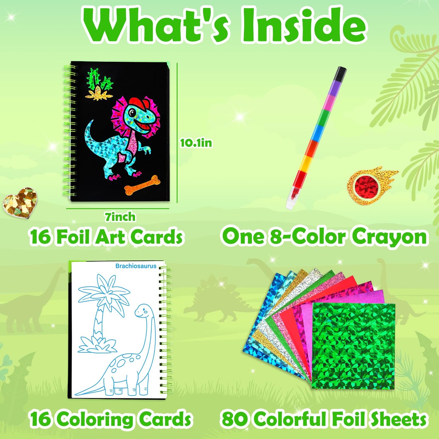 FUNNYB&G Foil Art Craft Kit for Boys 4-10 Years Old: Mess-Free & No-Glue, Create 16 Sparkly Dinosaur World Pictures – Perfect Travel Toy & Birthday Gift for Kids (Dinosaur World)