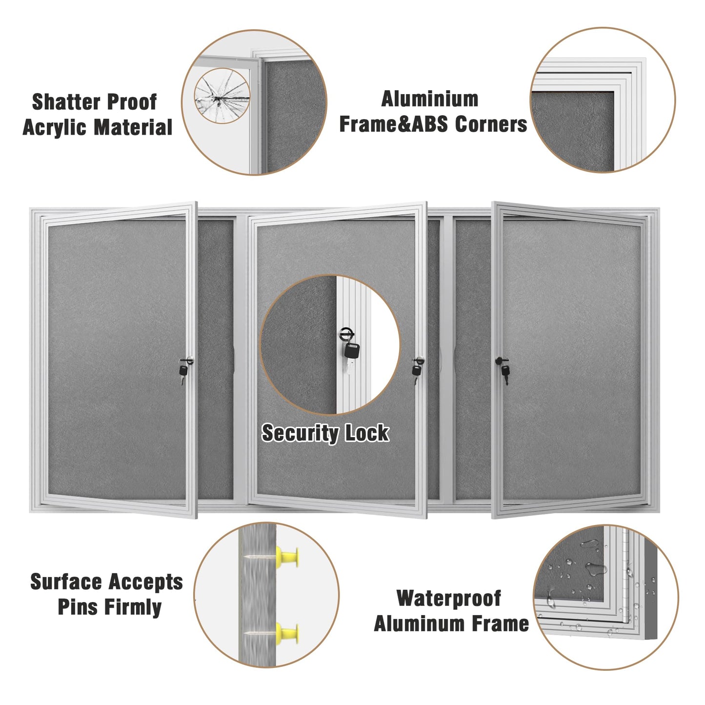 Mifuro 70"x34" Enclosed Bulletin Board, Outdoor Lockable Weather-Resistant Aluminum Cork Noticeboard for School & Office, Silver Frame w/Grey Flet