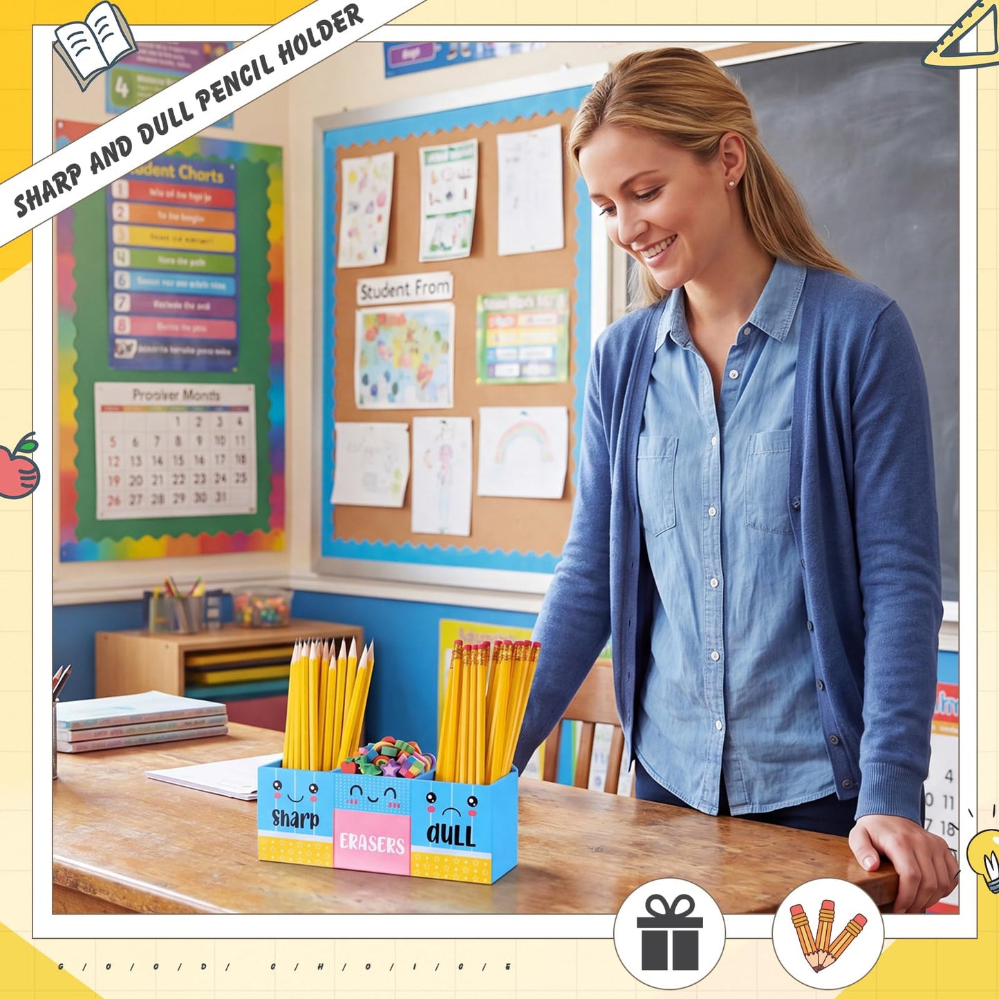 Eaasty Pencil Shaped and Sharp Dull Holder Eraser Wooden Dispenser Pencil Storage 3 Compartments for Back to School Teachers Classroom Organization(1 Pack,Blue Face)