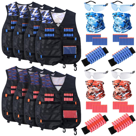 Sosation 8 Sets Kids Tactical Vest Compatible with Nerf Party Favor Accessories, Face Mask Wrist Ammo Holder Toy Gift Supplies Boys (Orange and Blue)