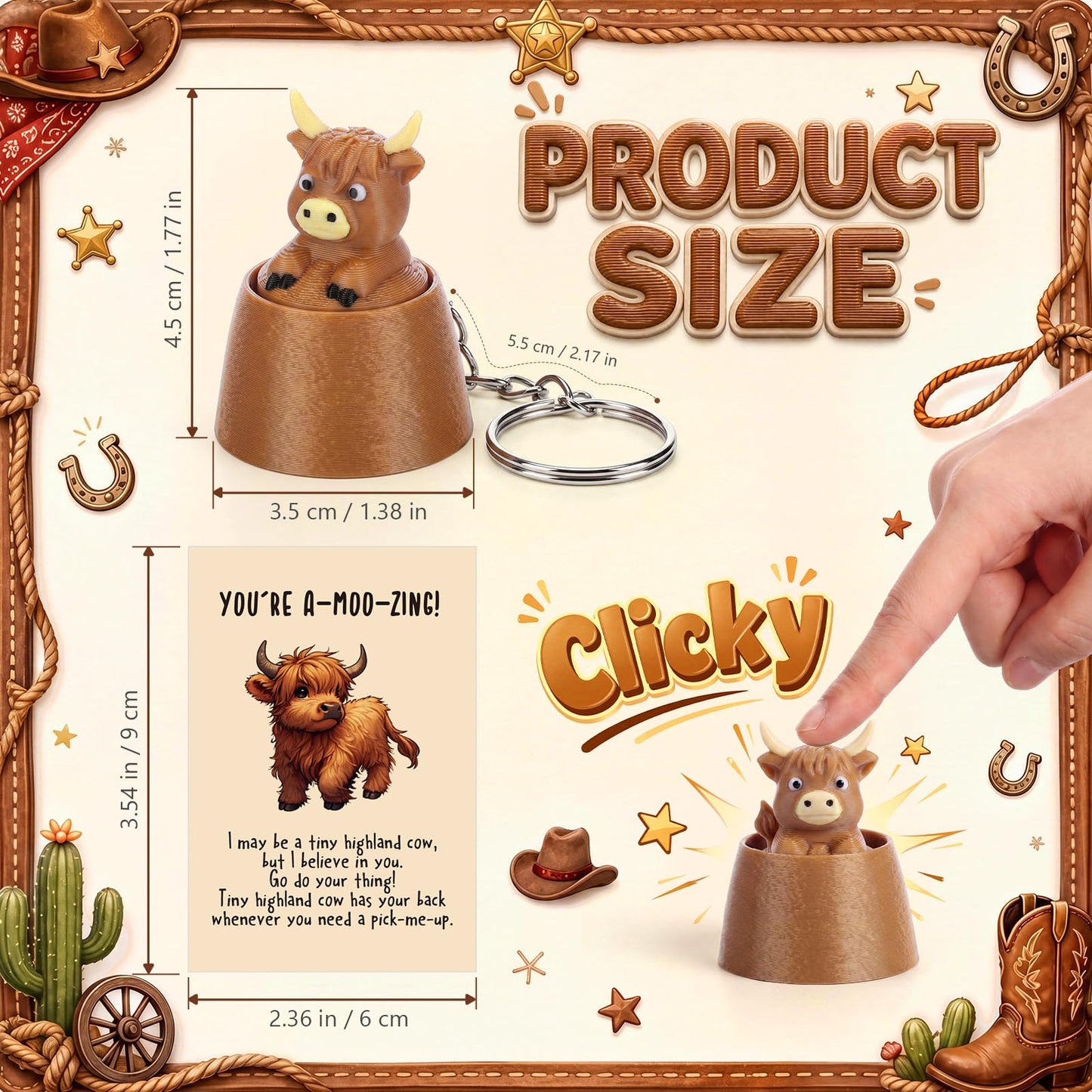 Junkin 24 Sets Highland Cow Clicker Fidget Keychain 3D Printed Clicker Fidget Decompression Button Stress Relief Gifts with Positive Cards for Animal Lovers Graduation Birthday Party Favors Office
