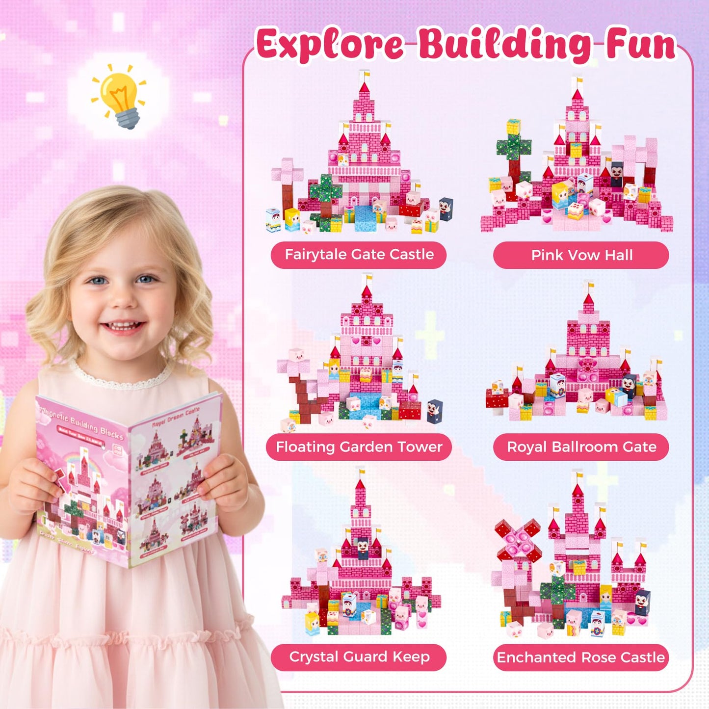 3 otters Magnetic Blocks 150PCS, Princess Castle Magnet Cubes STEM Montessori Building Toys for Girls, Sensory Gifts for Kids Birthday