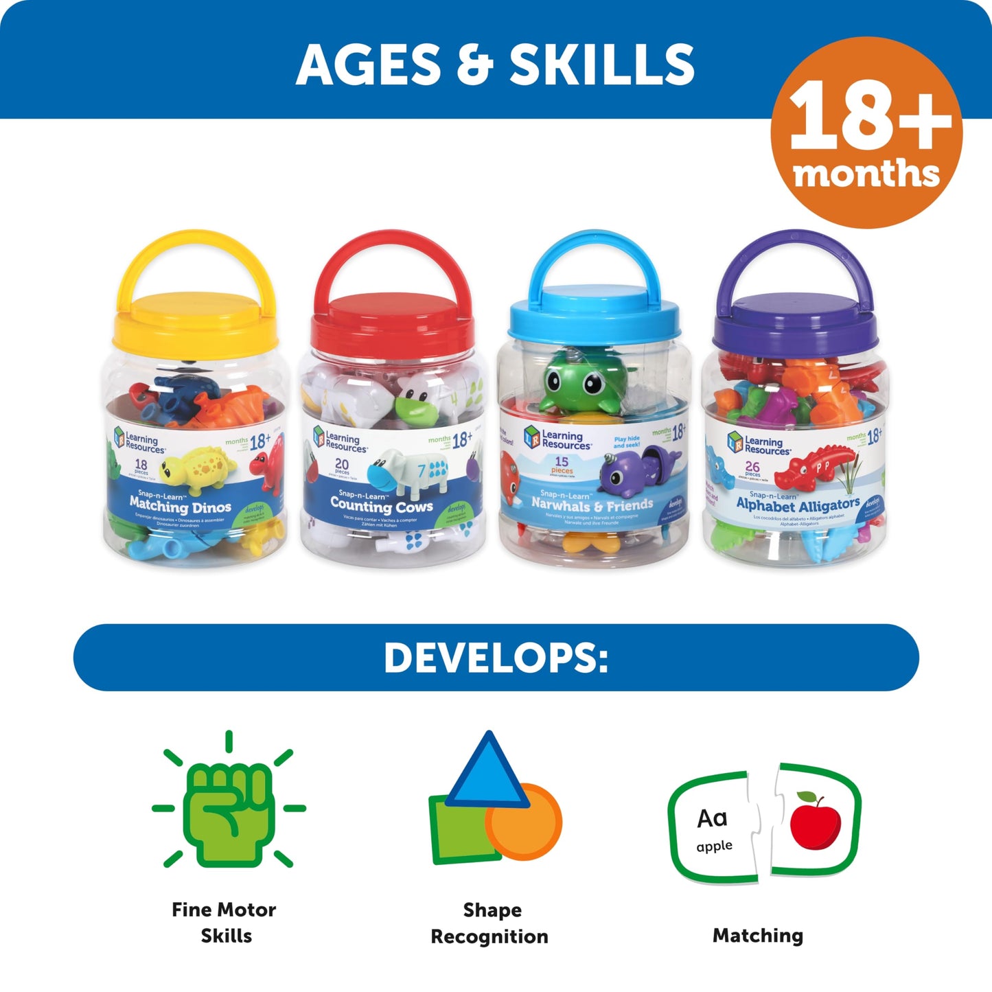 Learning Resources Snap-n-Learn Matching Dinos - Dinosaur Toys, Mini Plastic Figures, Sensory Bin, Toddler Travel Games, Shape Sorter, Preschool, Fine Motor Skills, Montessori Counting