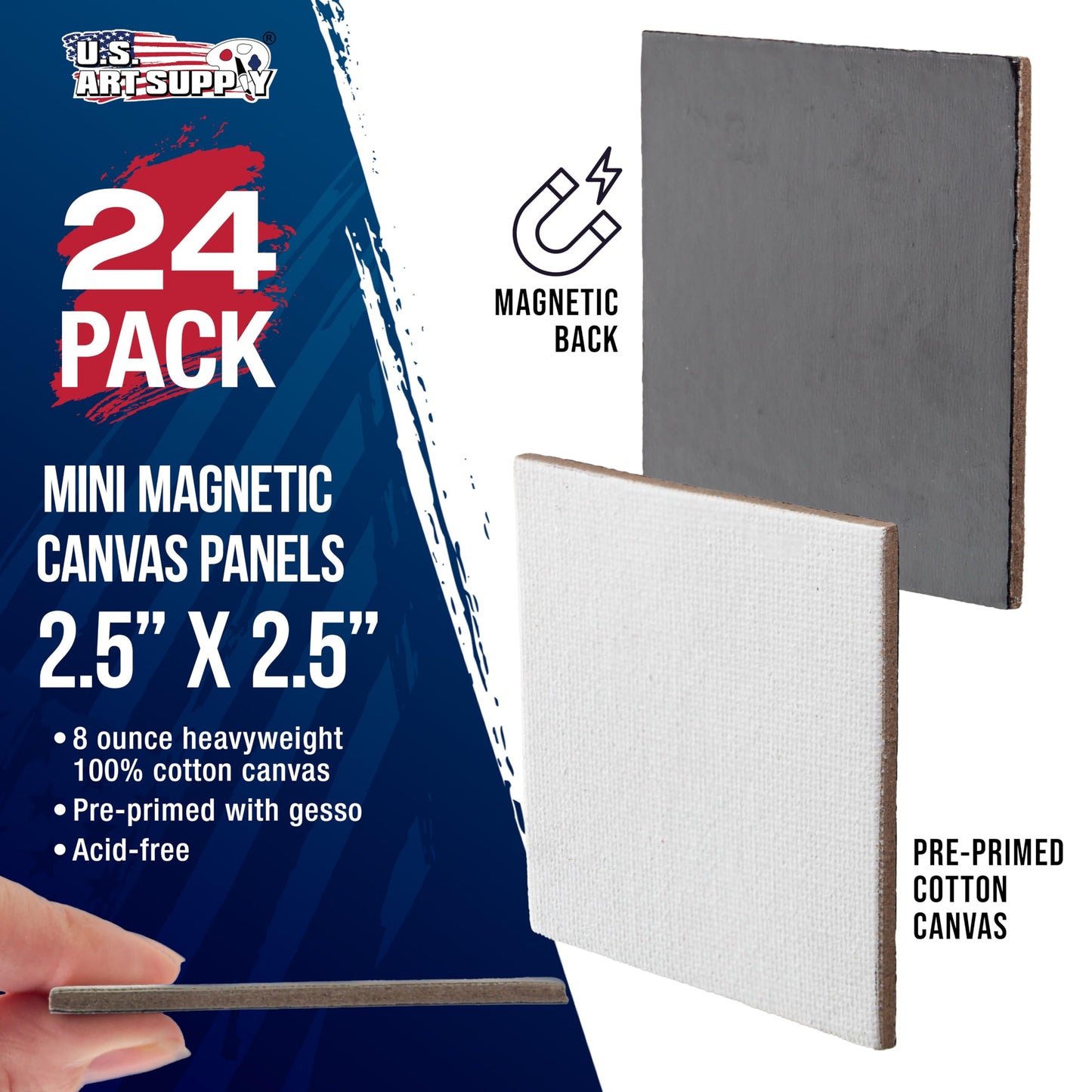 U.S. Art Supply Mini Magnetic Canvas Panels, 24 Pack, 2.5x2.5 Inch, Primed 8 Ounce Heavyweight Cotton, Small Canvases for Painting Acrylic and Watercolor, White Square Flat Canvas Boards