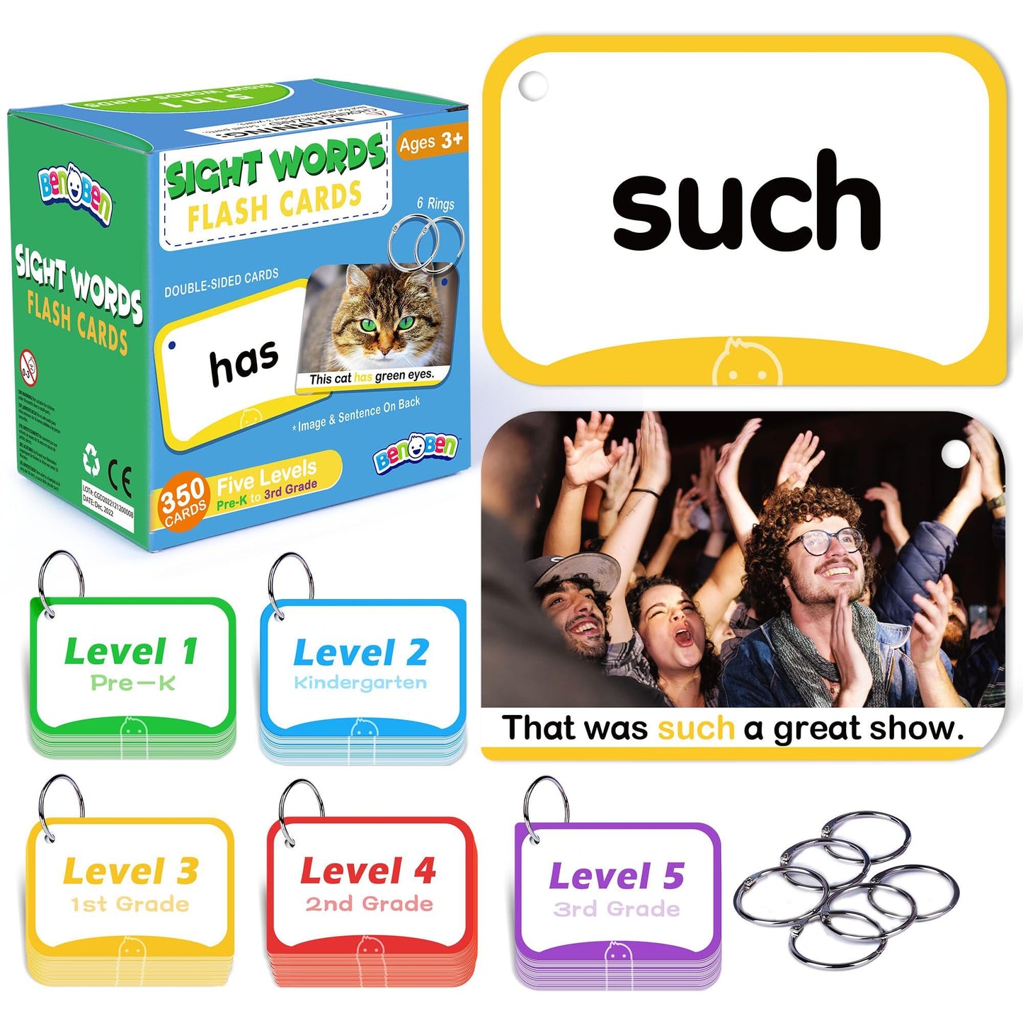 BenBen Sight Words Flash Cards, 350 Dolch & Fry High Frequency Site Words and Sentences for Pre-K, Kindergarten, 1st 2nd 3rd Grade, Educational Learning Cards Homeschool Supplies for Ages 3-9