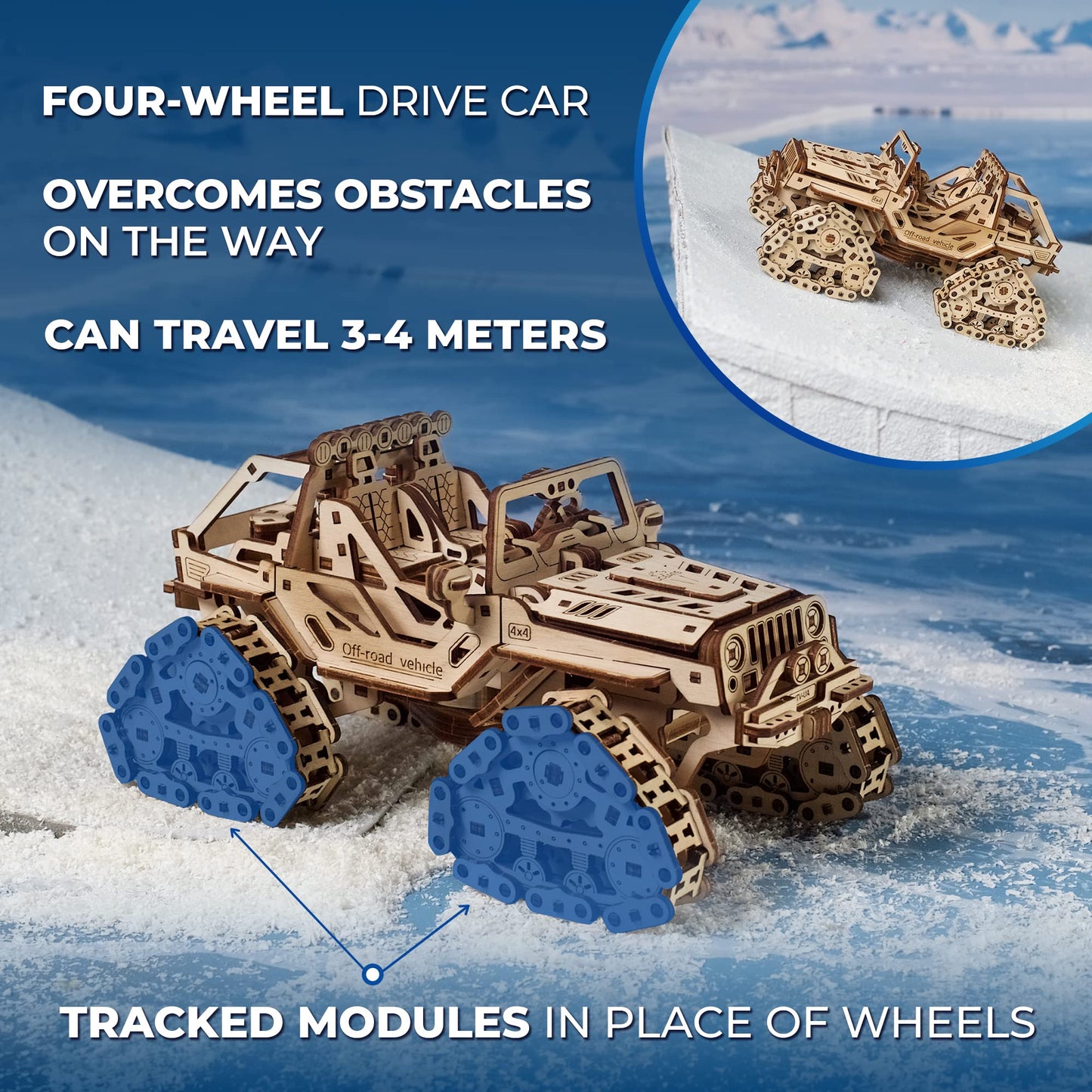 UGEARS Tracked Off-Road Vehicle - 4WD Model Vehicle Kits to Build - DIY 3D Car Model Puzzle with Spring Motor, 2 Driving Modes, Openable Hood with Engine - 3D Wooden Puzzles for Adults