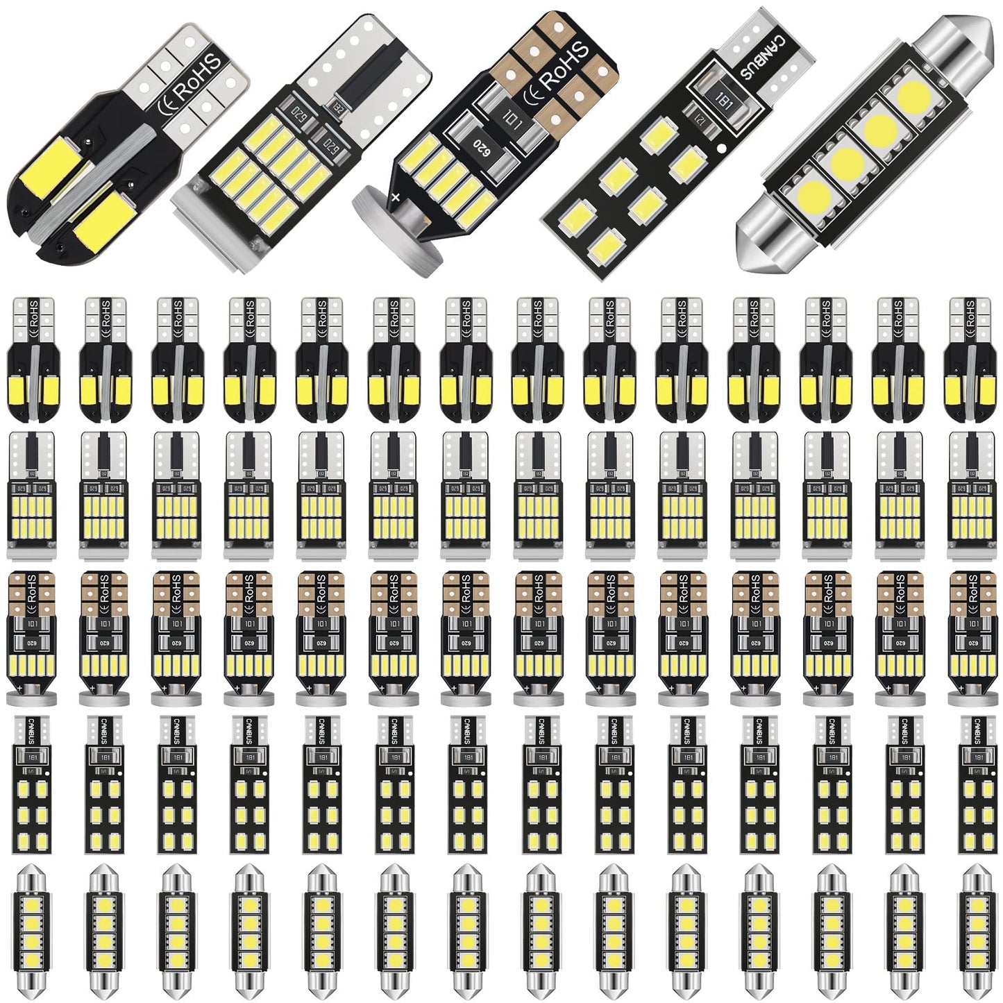 BBTO LED Car Bulb Kit - 100 Pieces T10 Festoon Dome Lights for Map, Trunk, Door, License Plate - Polycarbonate