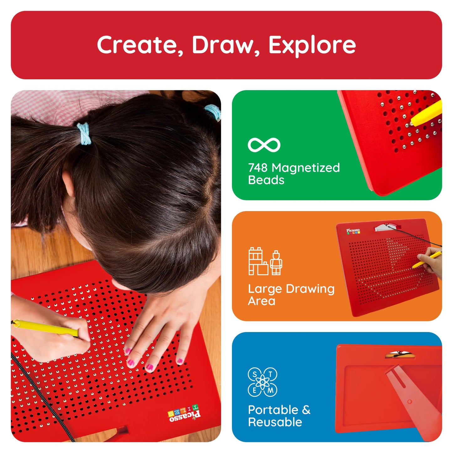 PicassoTiles Toys Magnetic Drawing Board 12x10 inch Large 748 Bead Magnet Tablet Pad Erasable Reusable Writing Playboard STEM Toys Educational Playset Open-Ended Learning Kit PTB01