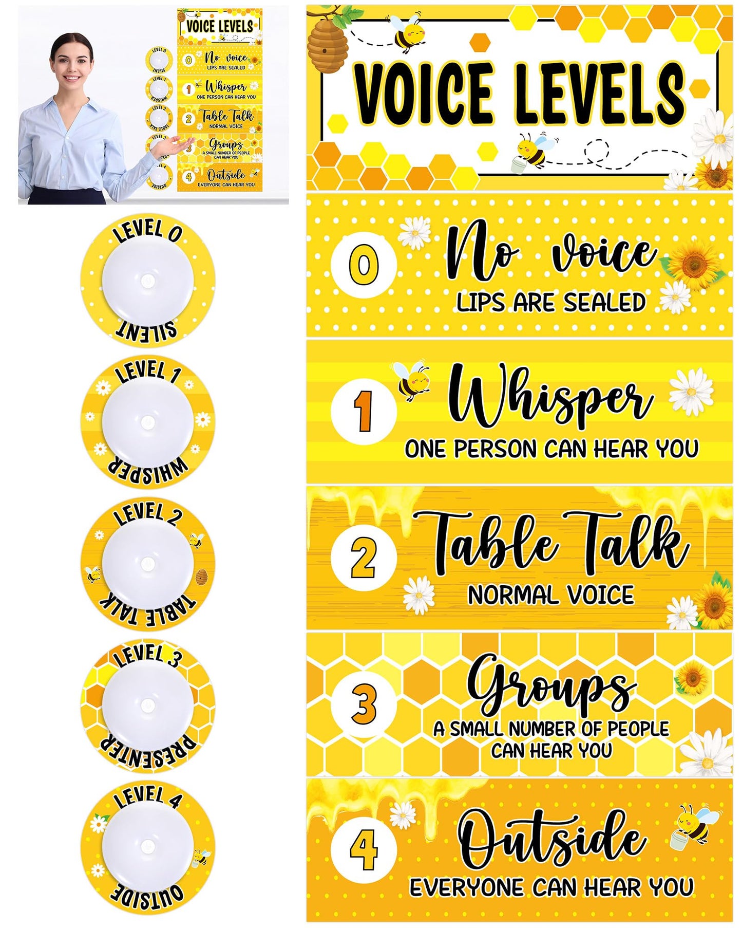 5 Pcs School Push Light and Voice Level Poster Voice Level Chart Monitor Rules Sign LED Tap Light Classroom Rules Poster Noise Chart Classroom Management Tools for Teachers Back to School（Bee Style）