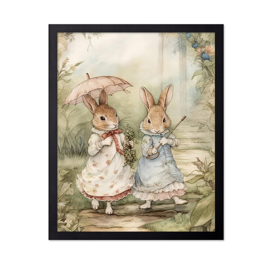 Poster Master Vintage Two Cute Rabbits Poster - Walking Through The Woods Art - Bunny Art - Story Book Illustration - Watercolor Creation - Aesthetic Design - Kid's Room or Nursery Decor - 8x10 UNFRAMED Wall Display