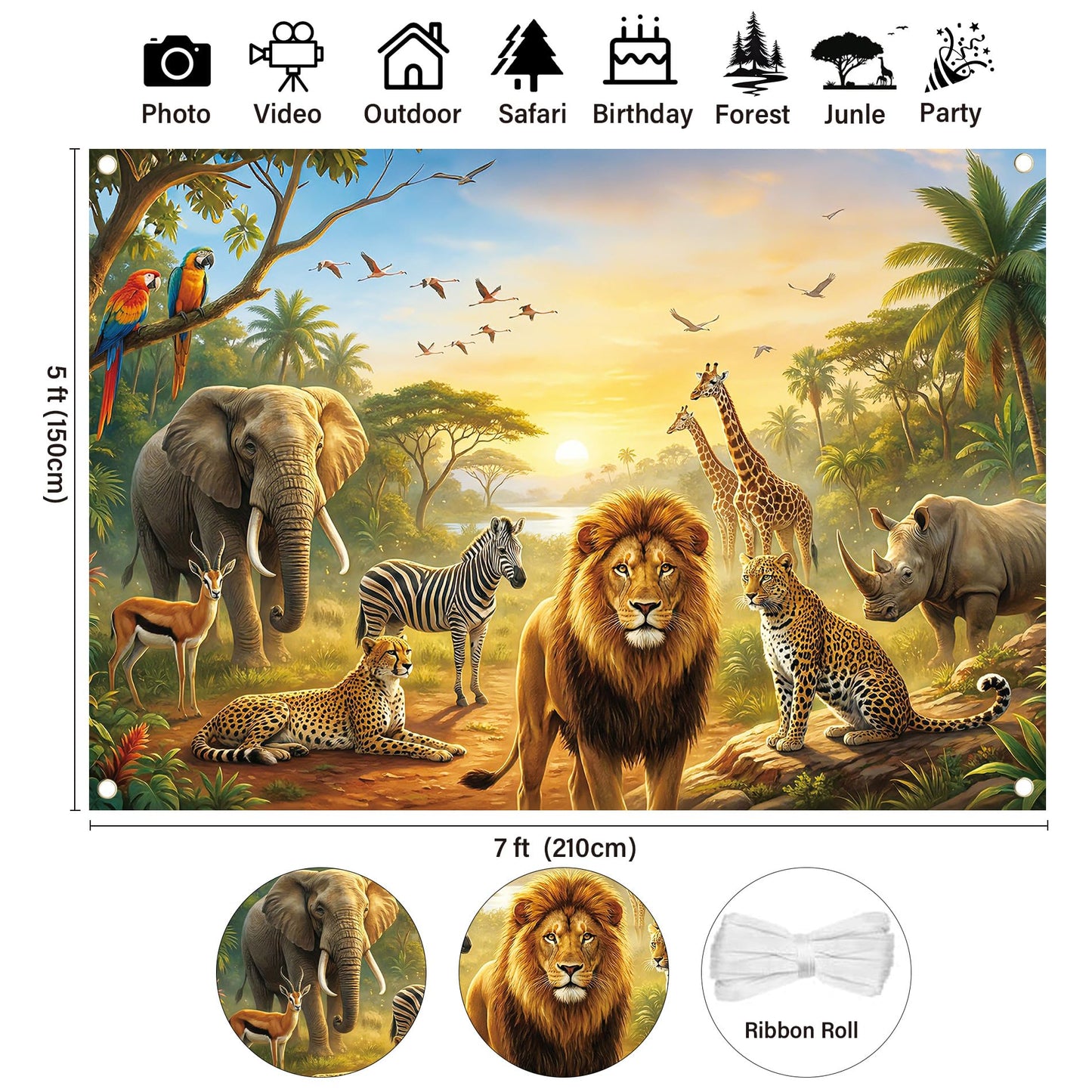 Safari Animals Forest Jungle Backdrop - 7x5 ft African Realistic Animals Giraffe Antelope Lion Photography Background Tapestry for Bedroom Living Room Decor