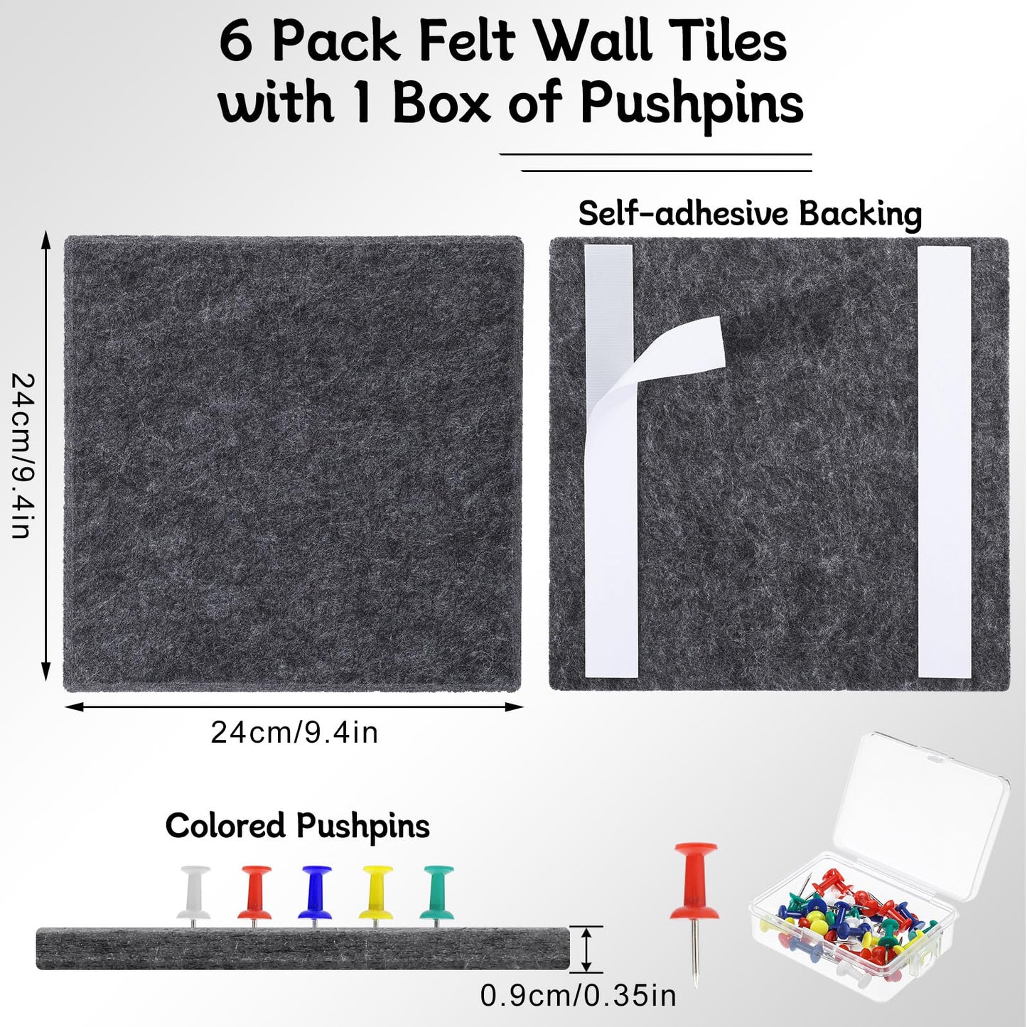 Large Cork Board 28" x 19", 6 Pack Felt Bulletin Board with Pushpins, Cork Boards Alternative with Self-Adhesive Strips, Felt Wall Tiles Pin Boards for Walls Office Home School Decor-Dark Gray