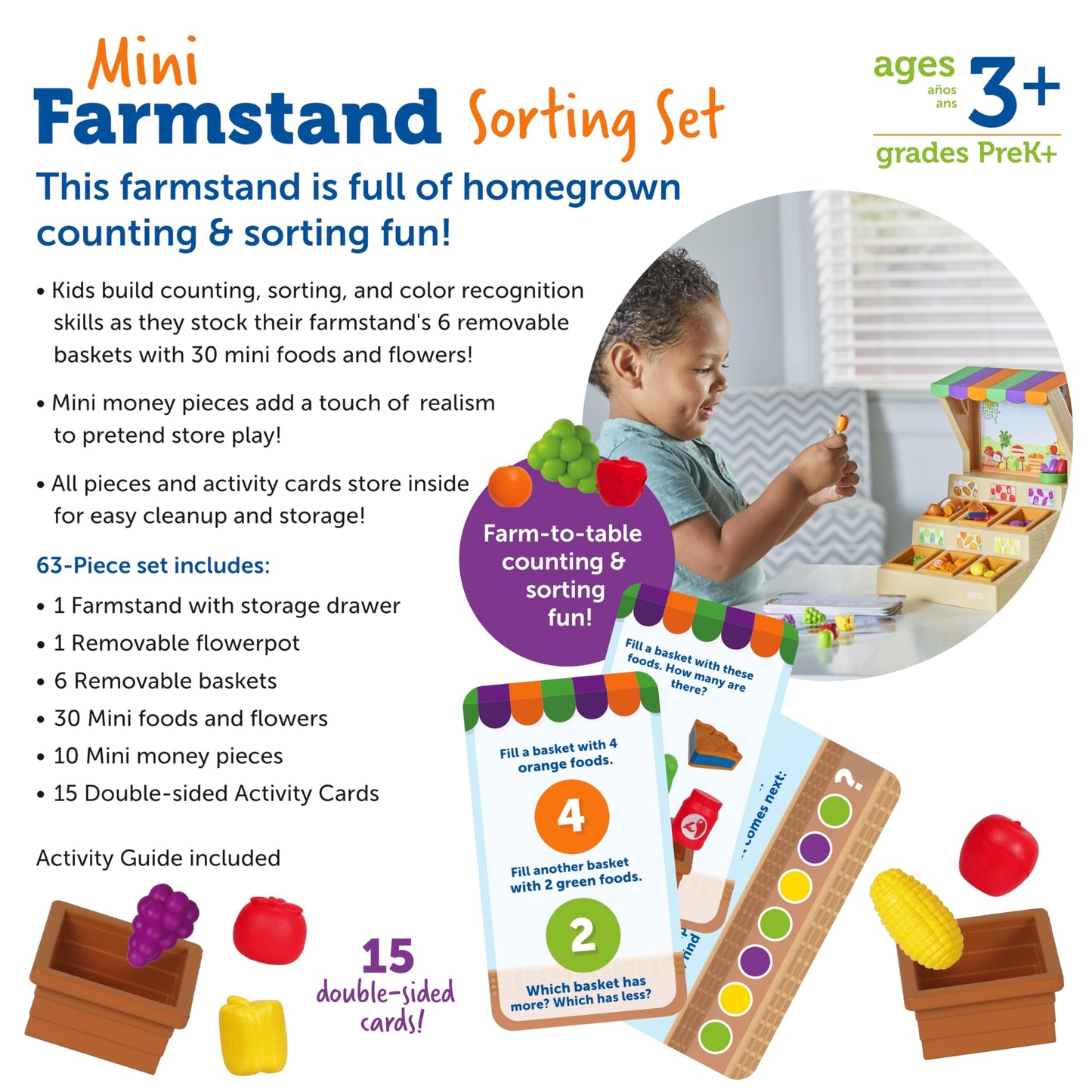 Learning Resources Mini Farmstand Sorting Set, Play Food Sets for Kids Kitchen, Grocery Store Pretend Play, Montessori Toys, Mini Food, Toddler Activities, Fine Motor Skills