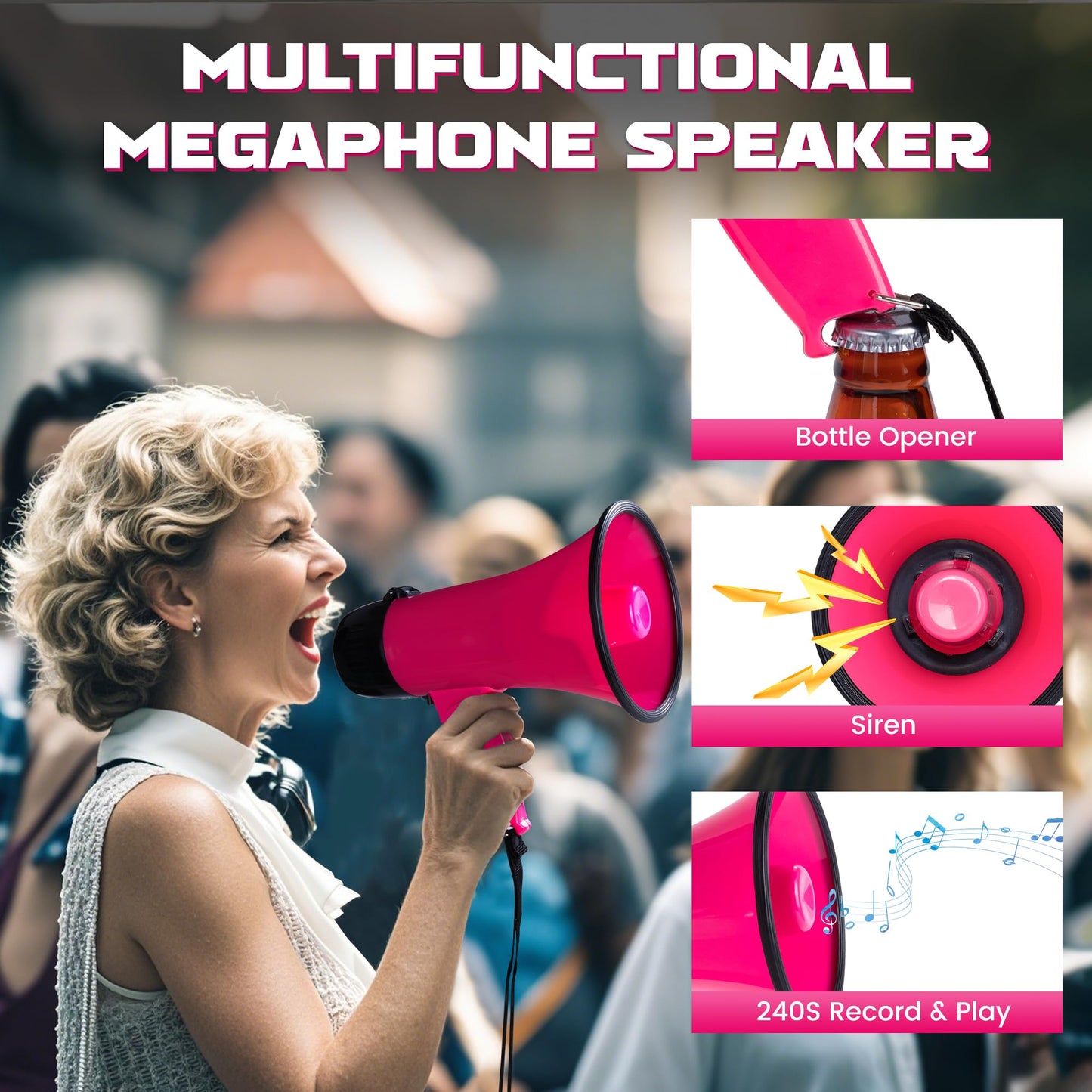 MyMealivos 20W Megaphone Bullhorn, Built in Siren & 240s Recording, 5.4"×8.6" Portable Megaphone with Volume Control Cover Up to 300 feet+ for Indoor and Outdoor Activities(Deeppink)