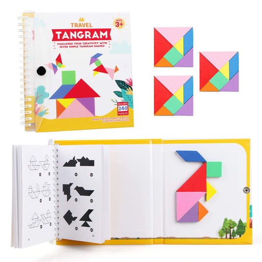 Vanmor Travel Tangram Puzzle - 3 Sets of Magnetic Tangram with 240 Solution - Montessori Shape Pattern Blocks Jigsaw Road Trip Games IQ Book Educational Toy Brain Teaser Gift for Kids Adults Challenge