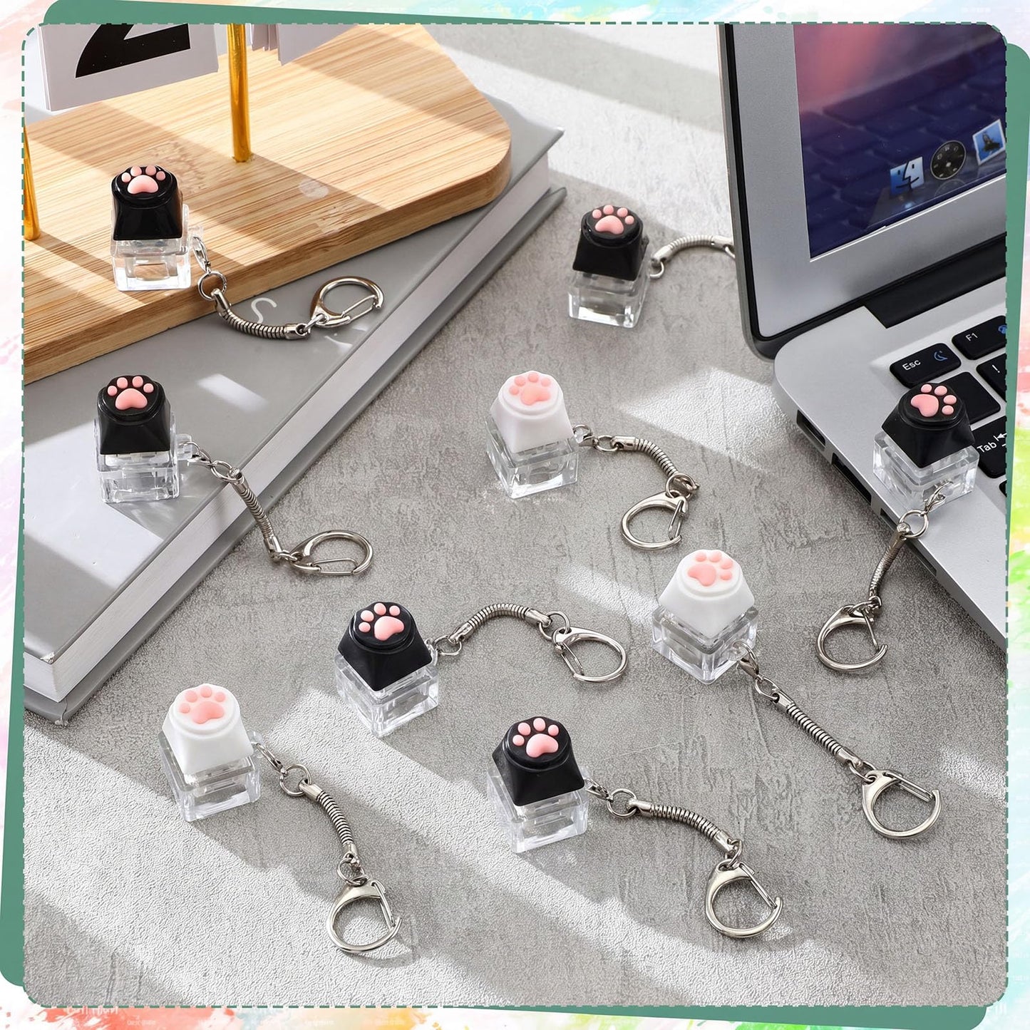 Lewtemi 24 Pcs Keyboard Fidget Clickers Cat Paw Keyboard Keychain Decompression Relief Button Finger Clickers for Adults Office Birthday Party Gifts to Relief Stress Pass the Time (Black and White)