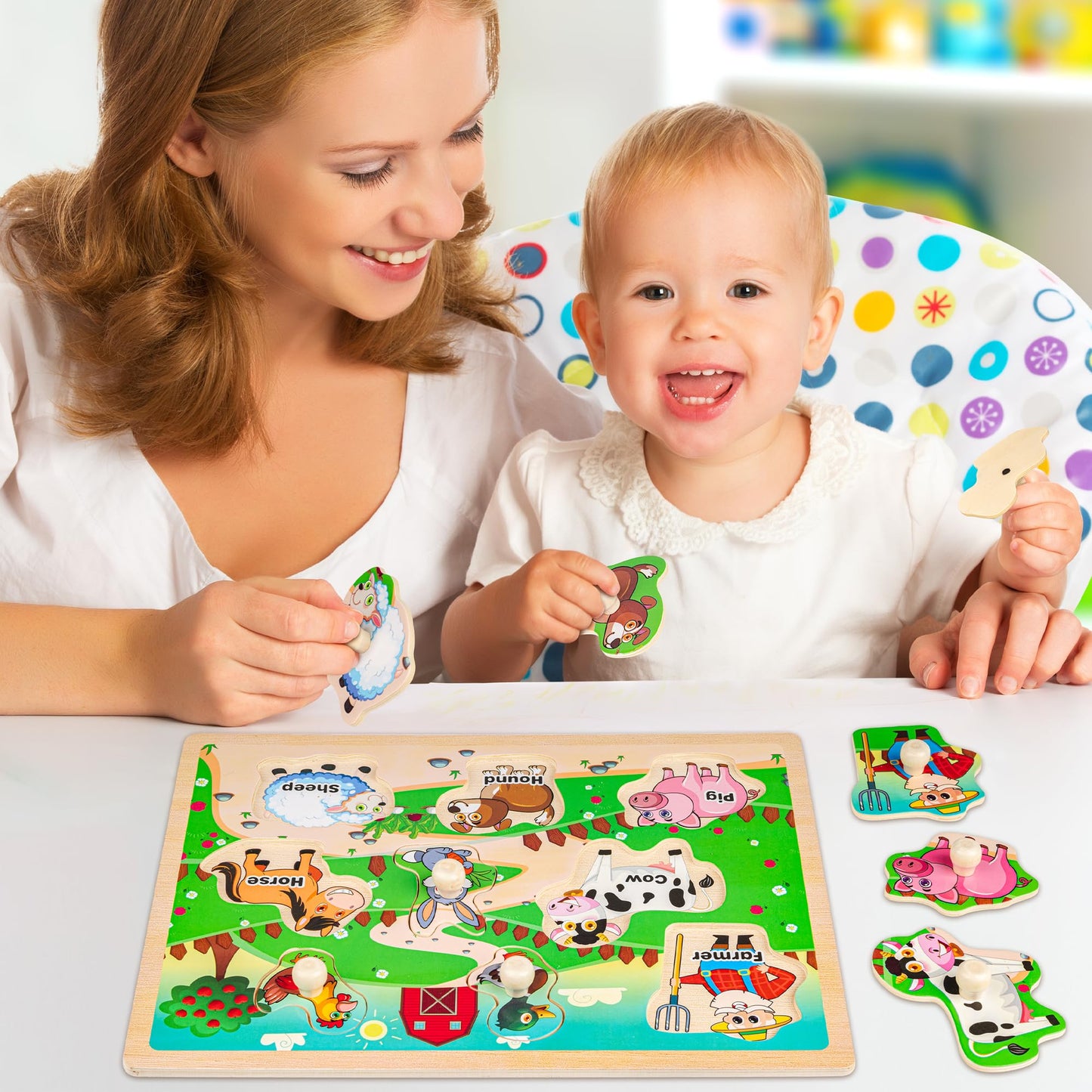 SYNARRY Wooden Puzzles for Toddlers 1-3, 6XSET Animals Puzzles for Toddlers 2-4 with Rack, Toddler Puzzles Ages 2-4, Kids Learning Educational Montessori Toys, Education Toys for 2 3 Years Boys Girls