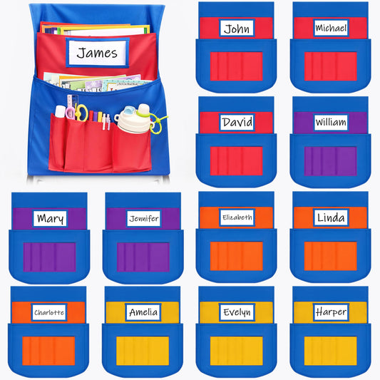 Joycat 12 Pack Classroom Chair Pockets for School, 6 Pocket Student Storage Organizer with Name Tag Holder, Colorful Chair Bags for Classroom & Homeschool Supplies
