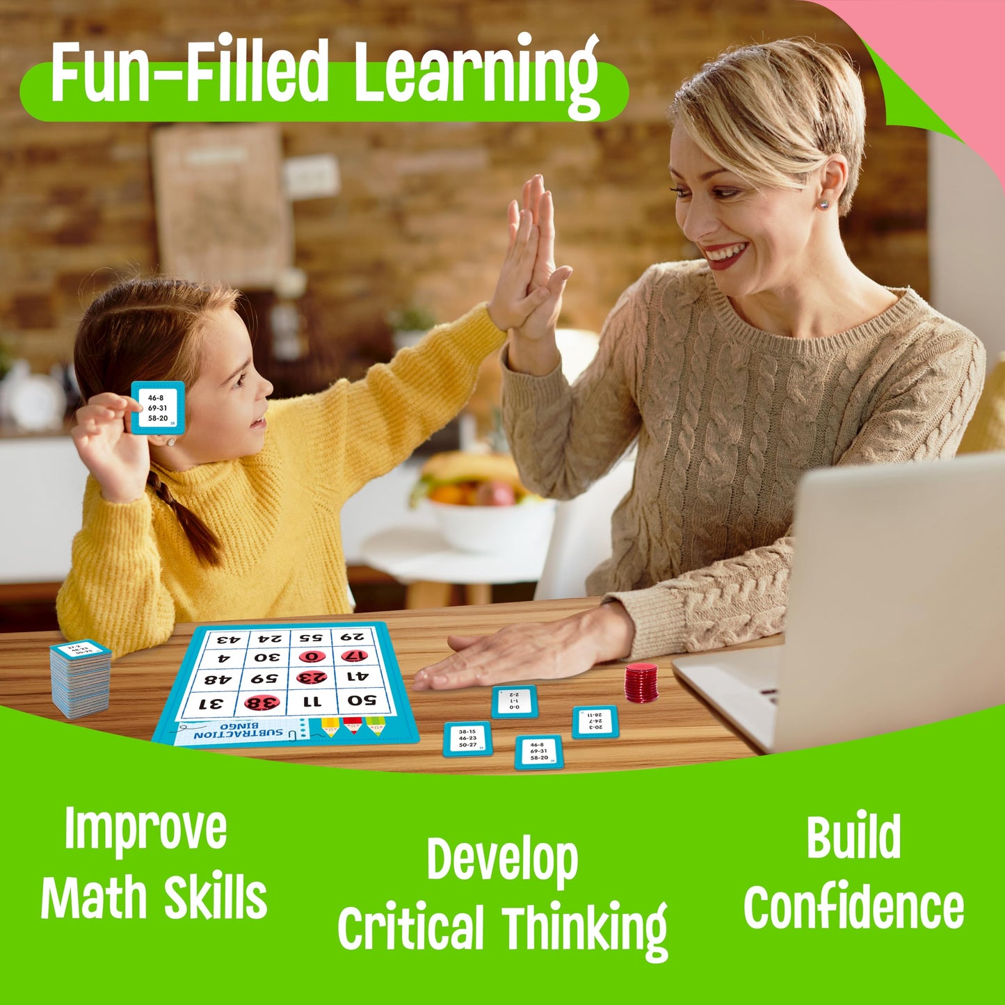 SpriteGru Addition & Subtraction Bingo Game, 360 Math Problems, 2 Educational Math Board Game for Kindergarten and Preschool Kids 4-8, Perfect for Classroom & At Home