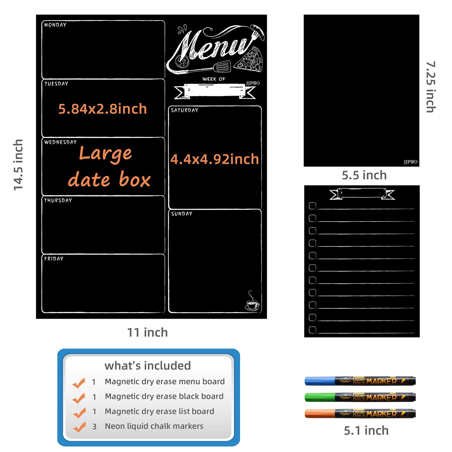 JJPRO Magnetic Dry Erase Menu Board for Fridge - Weekly Meal Planner Chalkboard with Grocery List and Notepad Blackboard Set for Kitchen Refrigerator - Premium Dry Erase Magnetic Blackboard