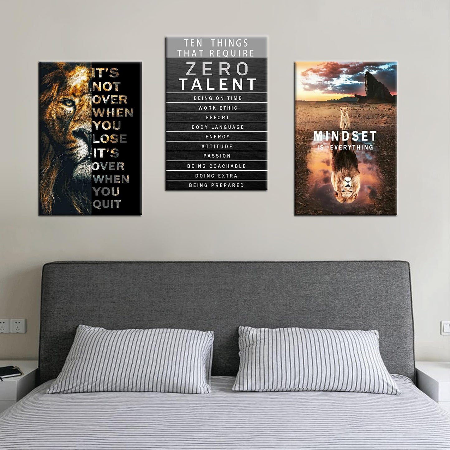 Lion Motivational Wall Decor Inspirational Quotes Wall Art Canvas Zero Talent Poster Print 3 Panel Animal Picture Artwork for Living Room Bedroom Office Home Decor Framed Ready to Hang [48''Wx 24''H]