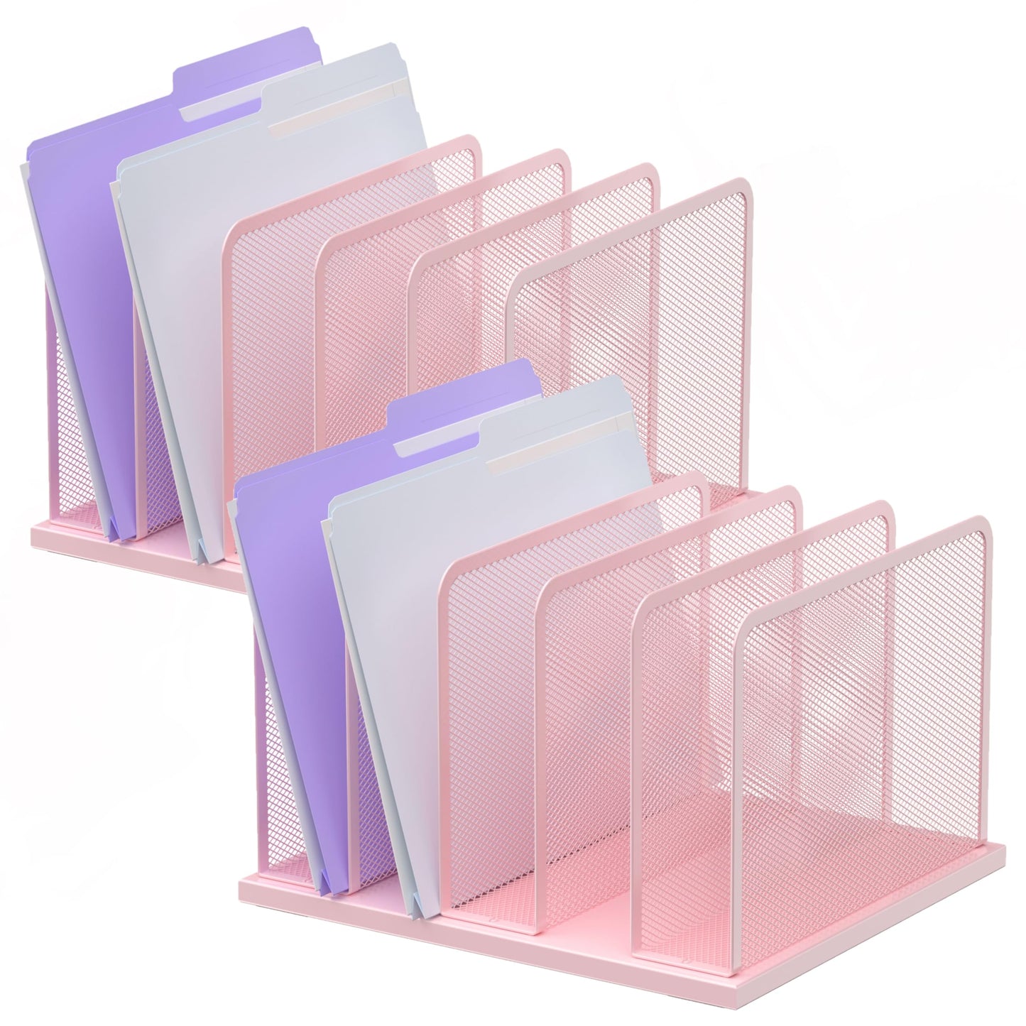 Kuntine.B Desk File Organizer Upright Mesh Desktop Organizer File Sorter Office Organization File Holder for Home, Office & Classroom (Pink, 2 Pack 5-Section)