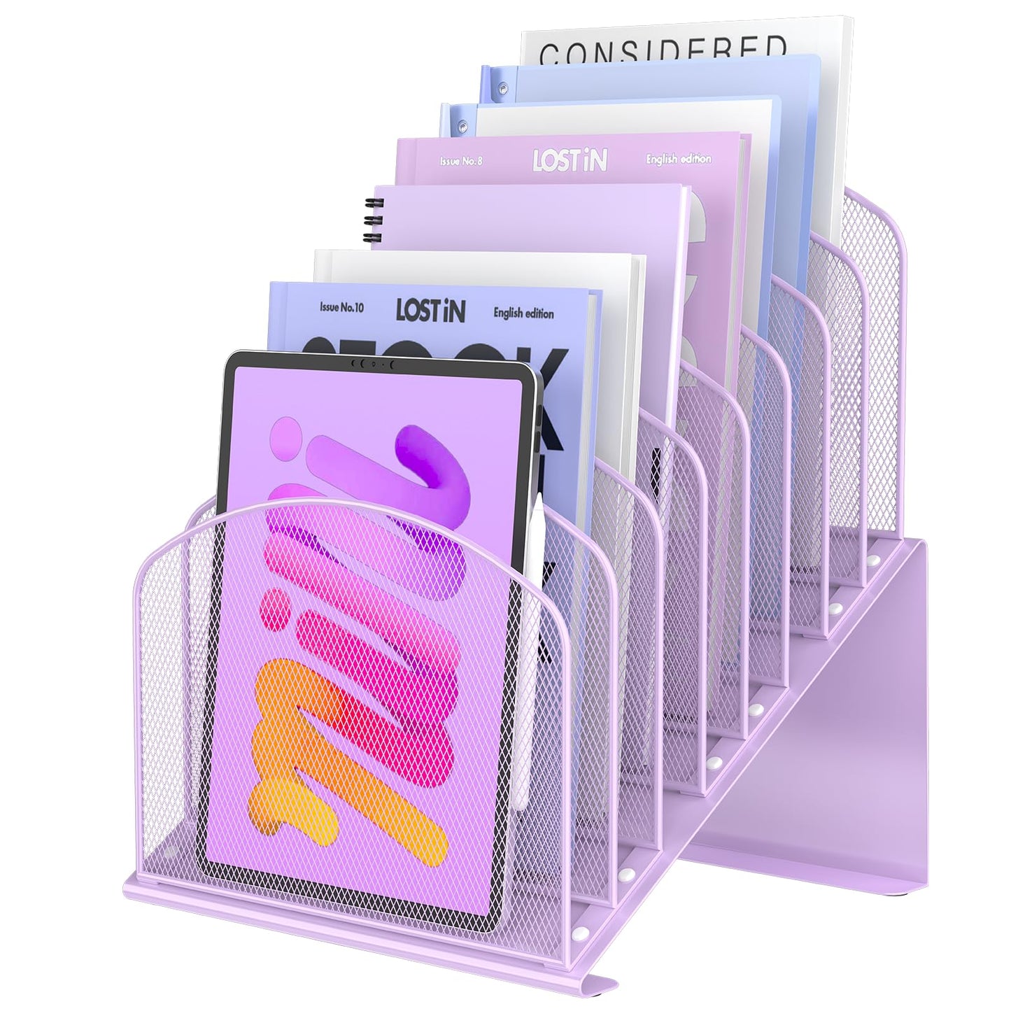 Inclined Desk File Organizer Metal Desk Magazine Folder Holder with 8-Section Vertical Compartments Rack File Organizer for Office, Home, School, Purple