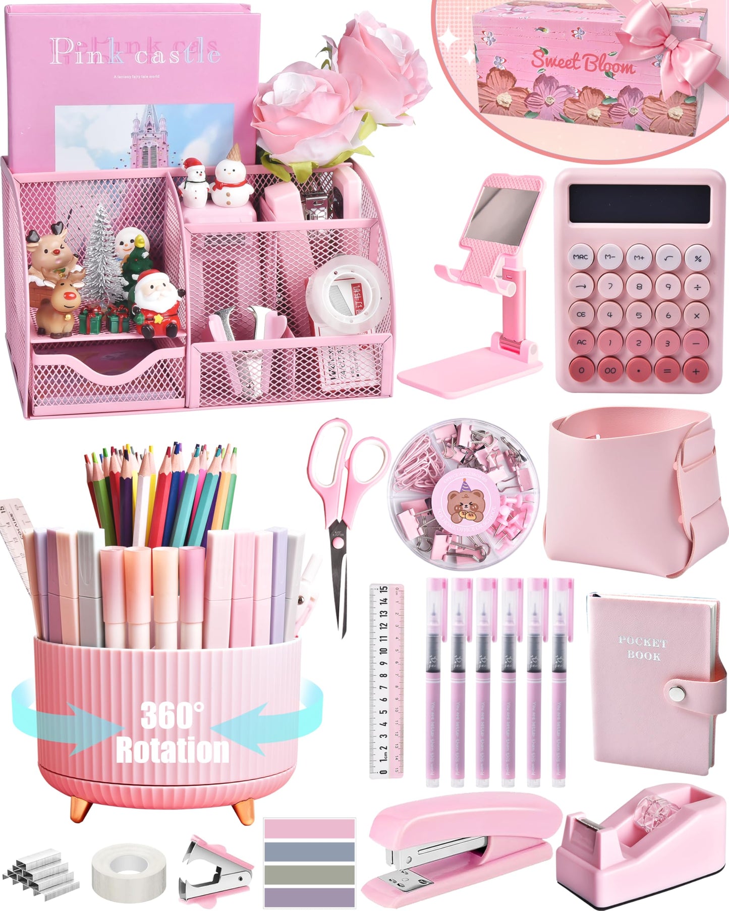 LXEVIHK 21Pcs Pink Desk Organizers and Accessories With Mesh Desk Organizer and 360°Rotating Pen Holder and a Lot of Office Pink Office Supplies Beautifully Presented in a Gift Box