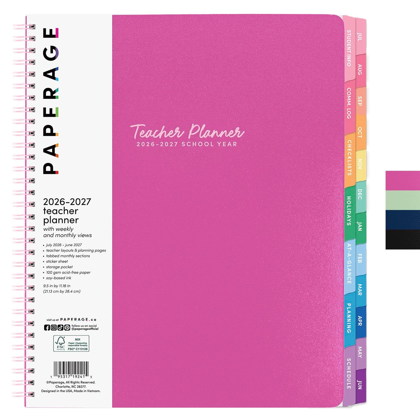 PAPERAGE Teacher Planner, Weekly & Monthly Academic Planner & Calendar, 12-Months, July 2026 - June 2027, (9.5" x 11"), Teacher Lesson Planning Book with Tabs, Stickers & Inner Pocket, Raspberry