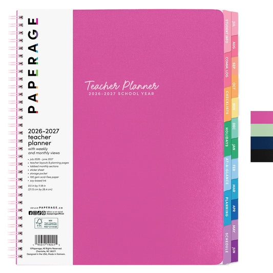 PAPERAGE Teacher Planner, Weekly & Monthly Academic Planner & Calendar, 12-Months, July 2026 - June 2027, (9.5" x 11"), Teacher Lesson Planning Book with Tabs, Stickers & Inner Pocket, Raspberry