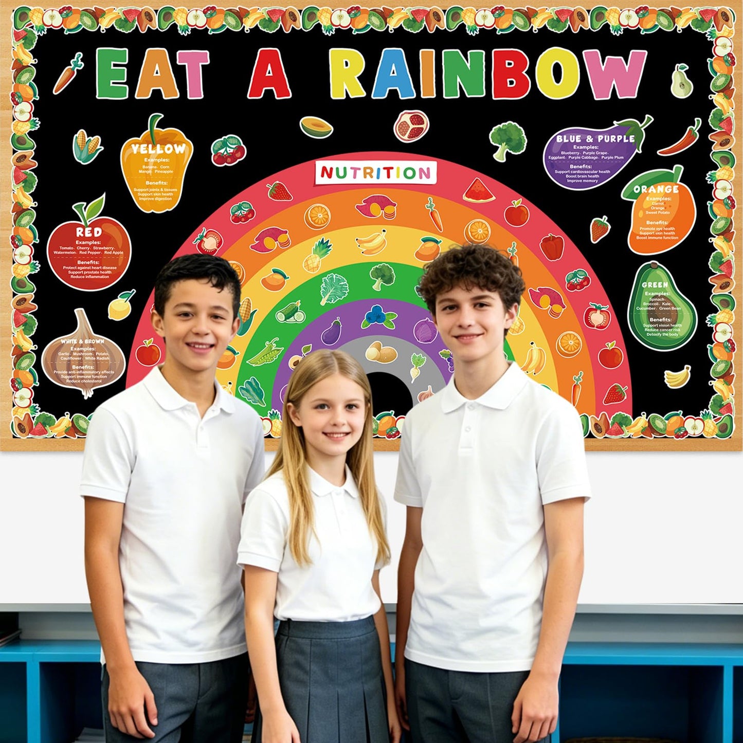 Eat A Rainbow Bulletin Board Set Healthy Food Fruit Vegetable Classroom Decoration Nutrition High Fiber Foods Cutouts Healthy Eating Board Border for Back to School Chalkboard Wall Decor Supplies