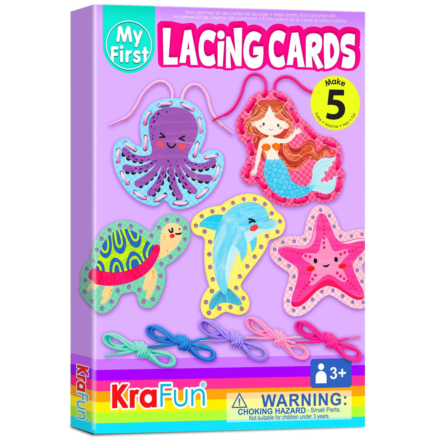 KRAFUN My First Lacing Cards Kit for Toddlers & Girls Age 3+, 5 Mermaid Ocean Arts & Crafts Projects, Fine Motor Skills Toys, Beginner Activity Set with Mermaid Octopus Seahorse Fish Starfish
