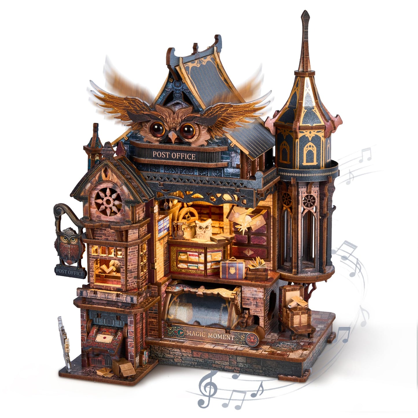 FUNPOLA LED 3D Wood Puzzle Owl Post Office, Dynamic Model with Mechanical Gears, DIY Miniature Kit with Music and LED Lights, Home Décor Gift for Adults and Teens