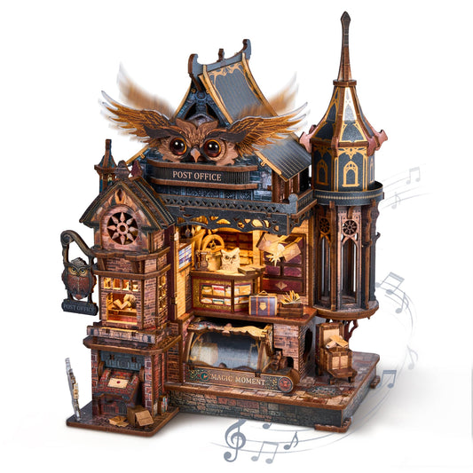 FUNPOLA LED 3D Wood Puzzle Owl Post Office, Dynamic Model with Mechanical Gears, DIY Miniature Kit with Music and LED Lights, Home Décor Gift for Adults and Teens