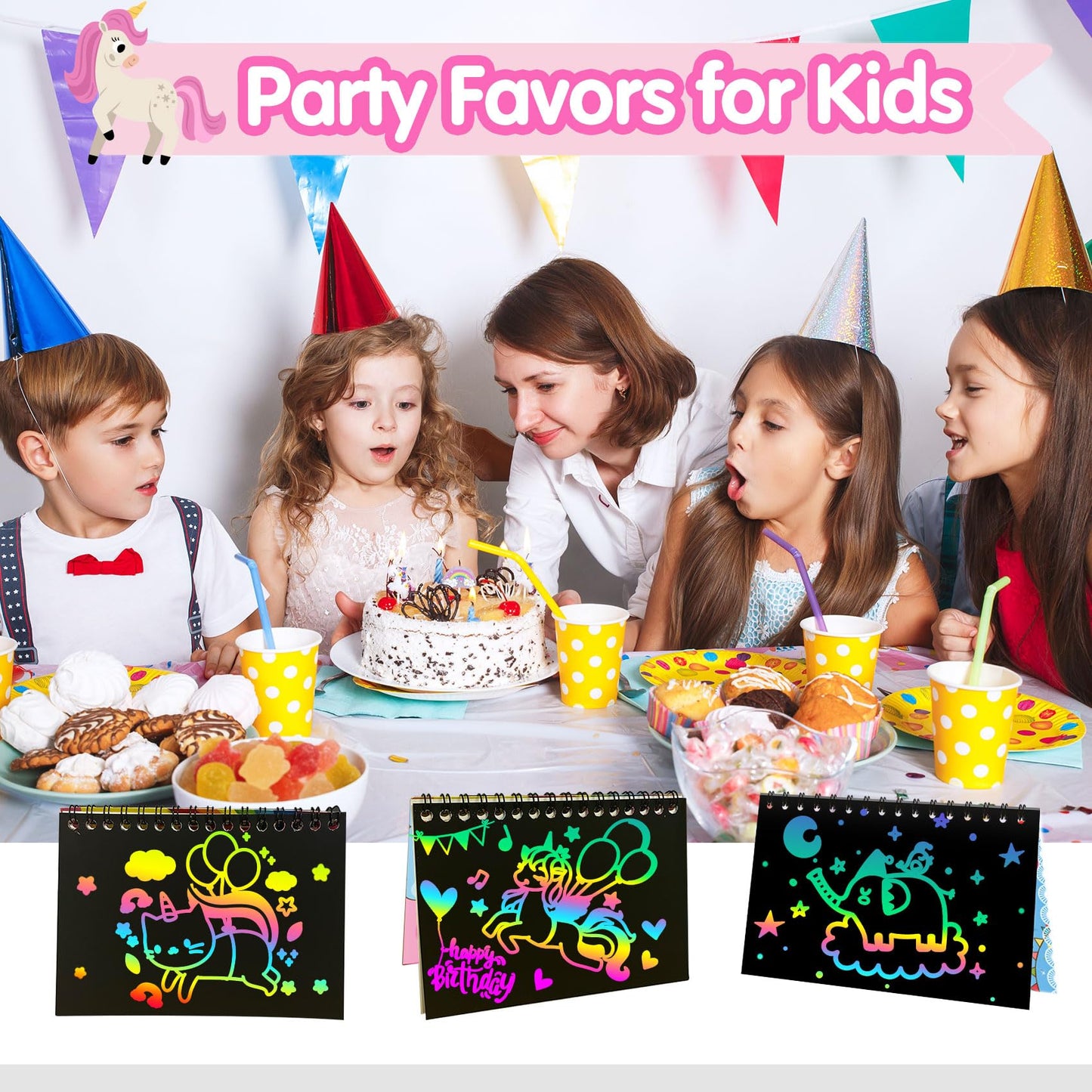 ZMLM 24 Pack Rainbow Scratch Art Party Favors for Kids 4-8 - Mess-Free Birthday Goodie Bags Stuffers, Classroom Prizes Grades 1–3, Creative Paper Notebooks for Pre-K Kindergarten Gifts(Unicorn