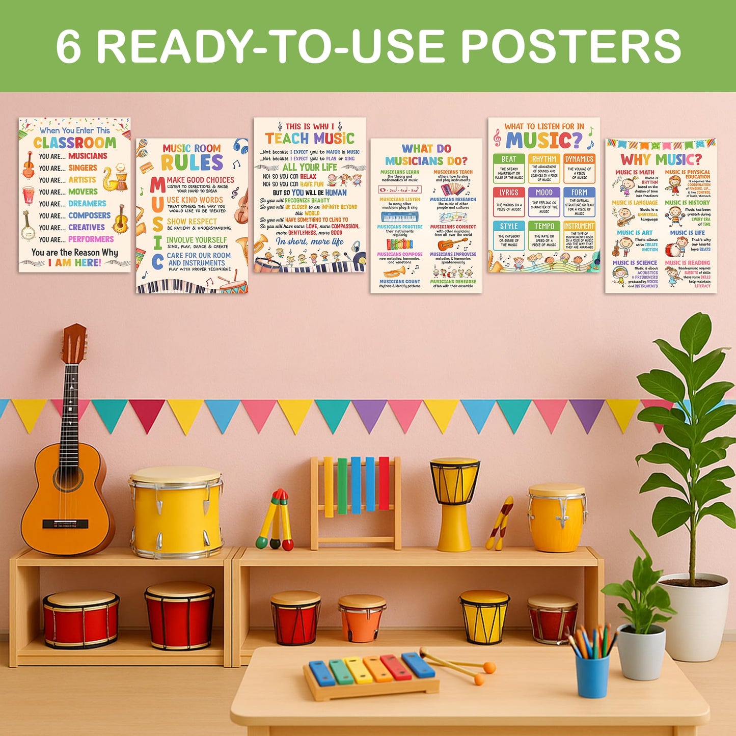 Lalunia 6 Pcs Music Classroom Posters (11"x16") - Why Music Classroom Rules Posters for Bulletin Board Decorations, Teacher Supplies, Musical Education Decor for Elementary Middle School